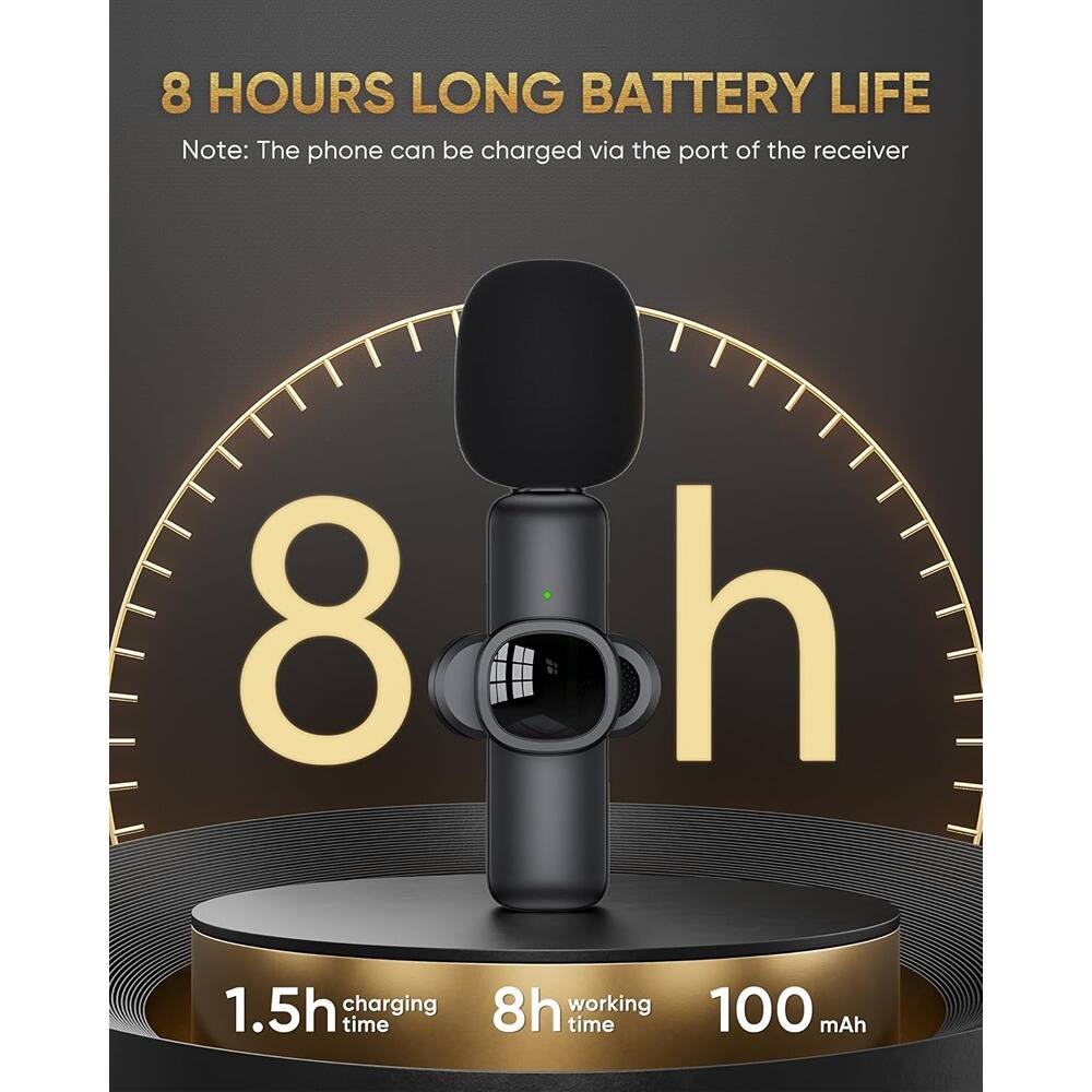 8 HOURS LONG BATTERY LIFE  
Note: The phone can be charged via the port of the receiver  

8h  
1.5h charging time  
8h working time  
100 mAh