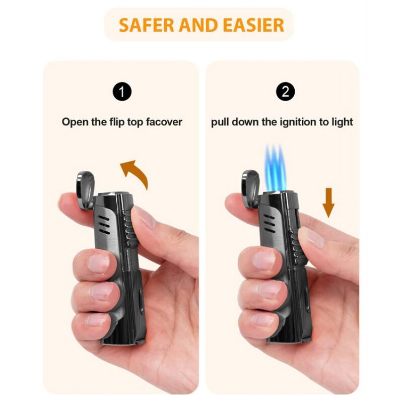 SAFER AND EASIER

1. Open the flip top facover
2. Pull down the ignition to light