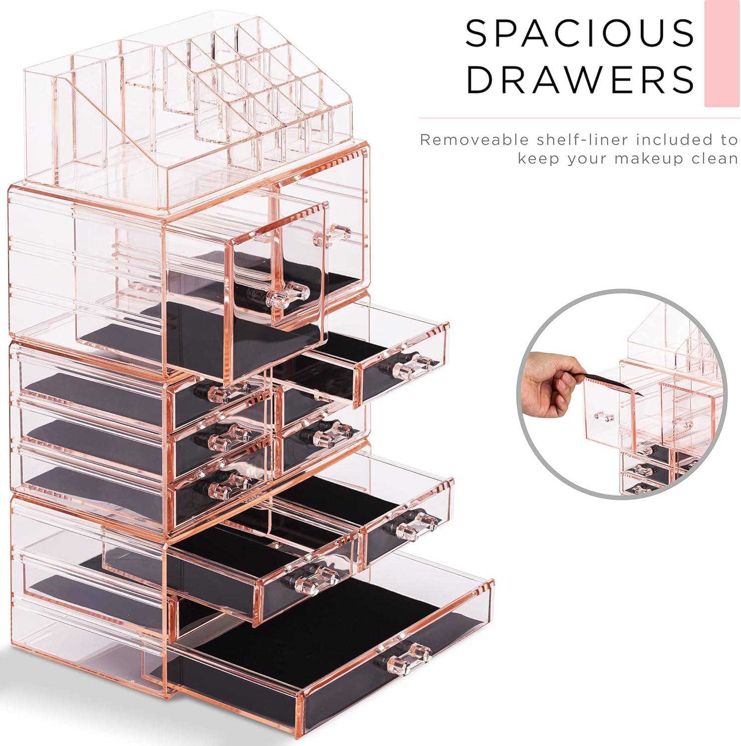 SPACIOUS DRAWERS  
Removeable shelf-liner included to keep your makeup clean