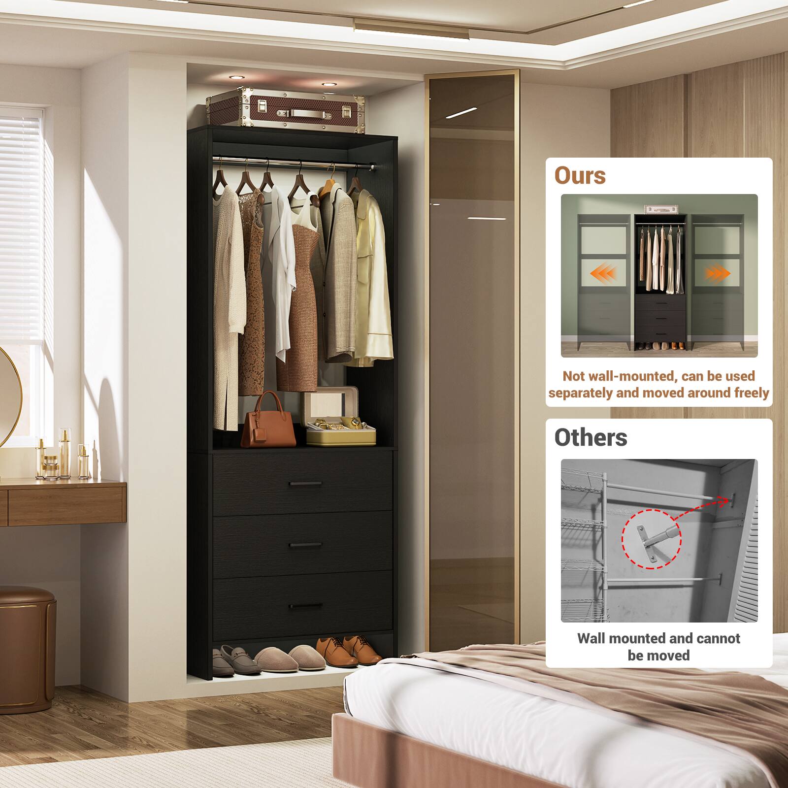 Ours  
Not wall-mounted, can be used separately and moved around freely  

Others  
Wall mounted and cannot be moved