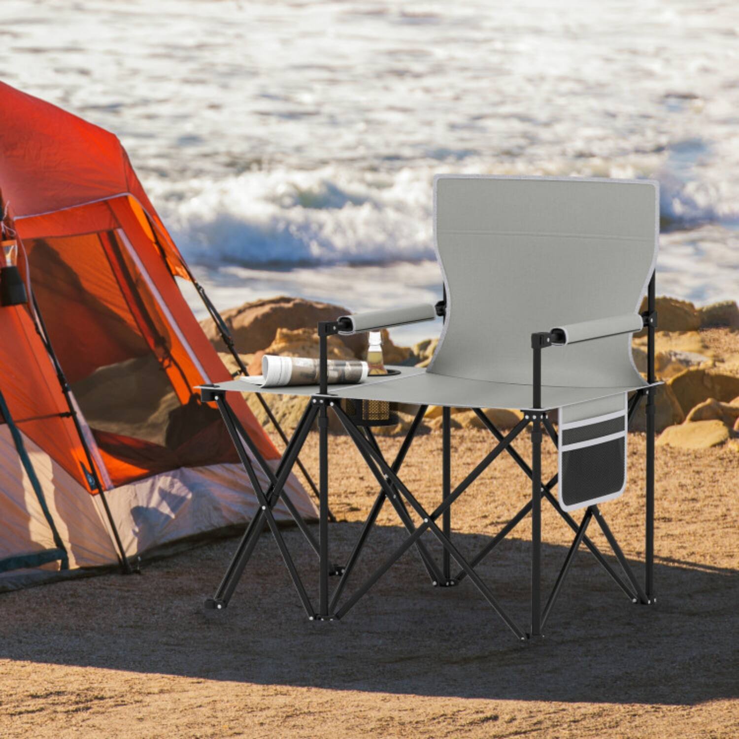 Left. Mondawe - Oversized Folding Camping Chair w Side Table & 2 Storage Pockets Heavy Duty Carry Bag 21.5" Wide - Gray.