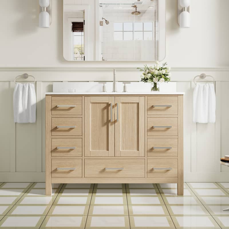 WELLFOR - 48 in Bathroom Vanity with Sink, Freestanding Solid Wood Bathroom Cabinet with 2 Soft-Close Doors& 9 Soft-Close Drawers - Oak