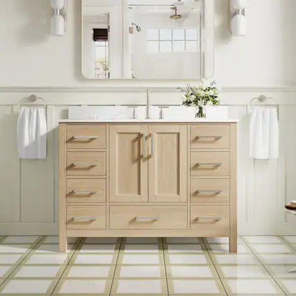 Front. WELLFOR - 48 in Bathroom Vanity with Sink, Freestanding Solid Wood Bathroom Cabinet with 2 Doors& 9 Drawers,Brushed Nickel Handle - Oak.