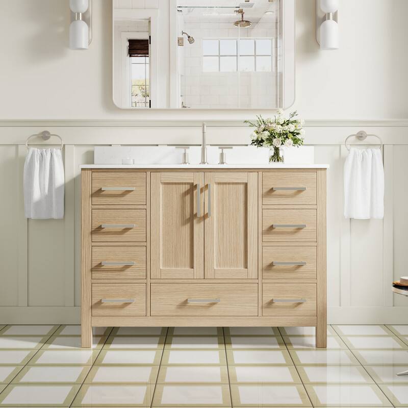 Front. WELLFOR - 48 in Bathroom Vanity with Sink, Freestanding Solid Wood Bathroom Cabinet with 2 Soft-Close Doors& 9 Soft-Close Drawers - Oak.