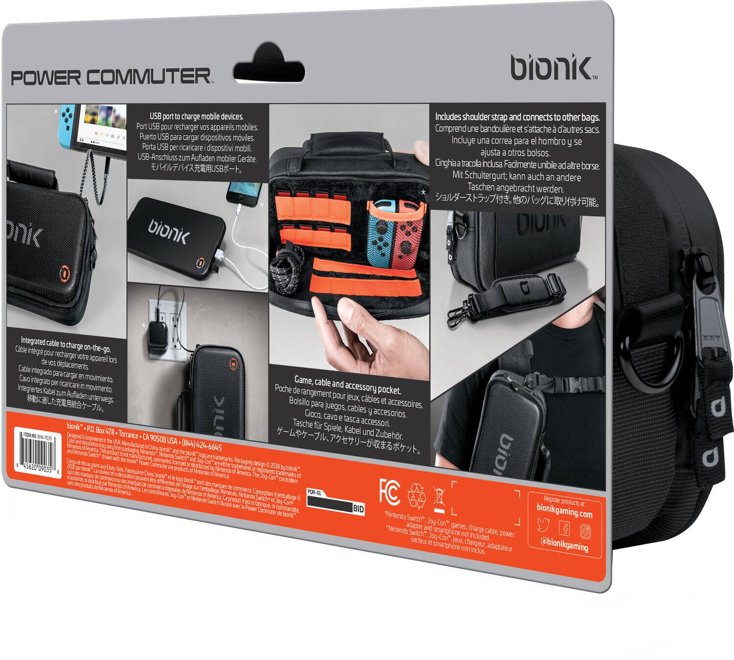 **POWER COMMUTER**

**bionik**

- USB port to charge mobile devices
  - Port USB pour recharger vos appareils mobiles
  - Puerto USB para cargar dispositivos móviles
  - Porta USB ricaricare dispositivi mobili
  - USB-Anschluss zum Aufladen mobiler Geräte

- Includes shoulder strap and connects to other bags
  - Comprend une bandoulière et s'attache d'autres sacs
  - Incluye una correa para el hombro y se ajusta a otros bolsos
  - Cinghia tracola inclusa
  - Mit Schultergurt; kann auch andere Taschen angebracht werden

- Integrated cable to charge on-the-go
  - Câble intégré pour recharger vos appareils lors de vos déplacements
  - Cable integrado para cargar tus dispositivos en movimiento
  - Integriertes Kabel zum Aufladen auf der Straße
  - 電源に接続して外出先で充電可能

- Game, cable and accessory pocket
  - Poche rangement pour jeux, câbles accessoires
  - Bolsillo para juegos, cables accesorios
  - Tasche für Spiele, Kabel und Accessoires
  - ゲーム、ケーブル、アクセサリー用ポケット

**bionik**

- Includes shoulder strap and connects to other bags.
  - Comprend une bandoulière et s'attache d'autres sacs.
  - Incluye una correa para el hombro y se ajusta a otros bolsos.
  - Cinghia tracola inclusa
  - Mit Schultergurt; kann auch andere Taschen angebracht werden.

- Integrated cable to charge on-the-go.
  - Câble intégré pour recharger vos appareils lors de vos déplacements.
  - Cable integrado para cargar tus dispositivos en movimiento.
  - Integriertes Kabel zum Aufladen auf der Straße.
  - 電源に接続して外出先で充電可能.

- Game, cable and accessory pocket.
  - Poche rangement pour jeux, câbles accessoires.
  - Bolsillo para juegos, cables accesorios.
  - Tasche für Spiele, Kabel und Accessoires.
  - ゲーム