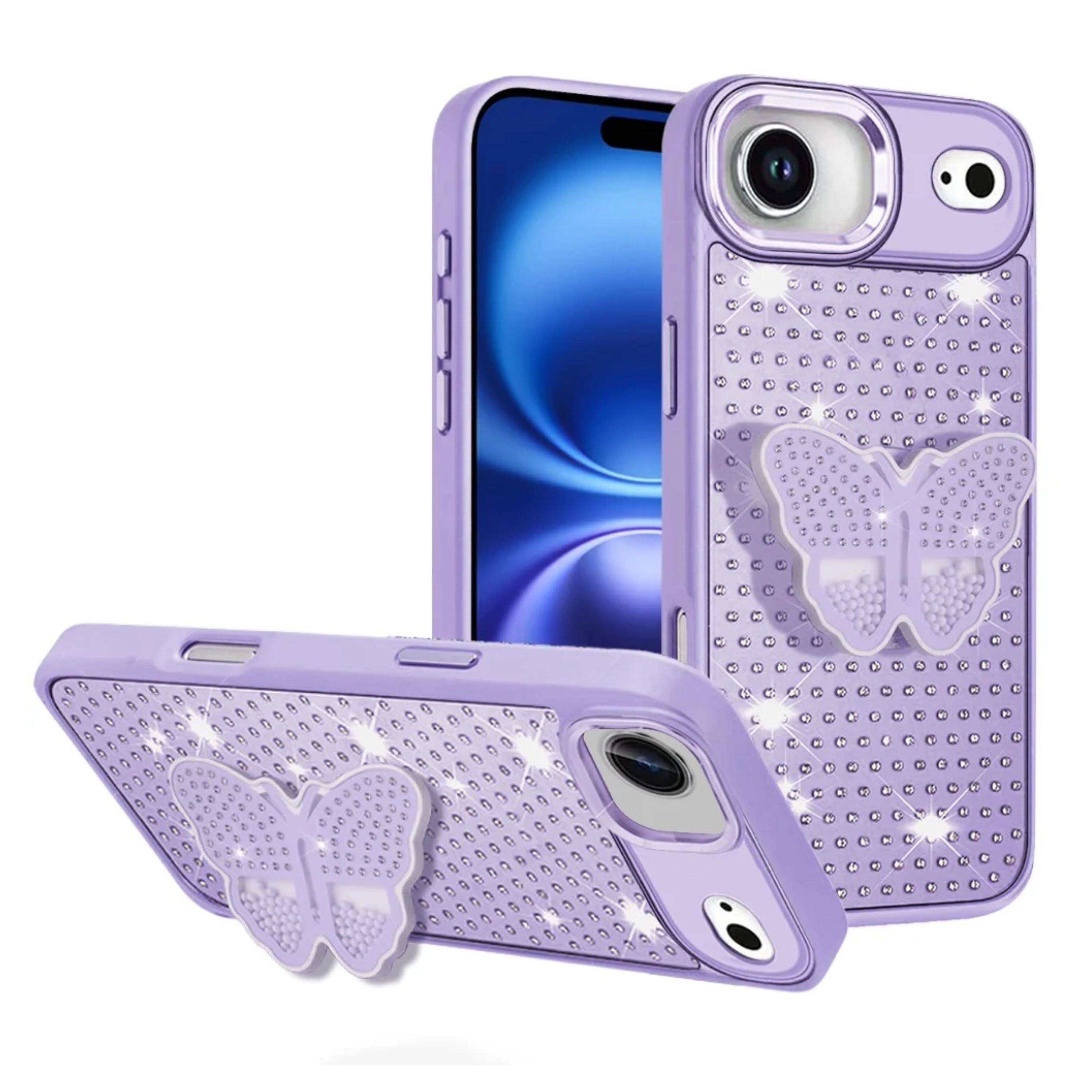 Angle. Kitcheniva - Butterfly Grip Stand Faux Crystals Phone Case With Tempered Glass For iPhone Air Purple - Purple.