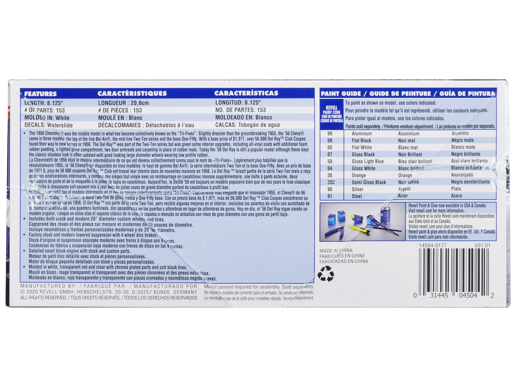 **FEATURES / CARACTERÍSTICAS / CARACTERÍSTICAS**

- **LENGTH:** 8.125" / **LONGUEUR:** 20.6cm / **LONGITUD:** 8.125"
- **# OF PARTS:** 153 / **# DE PIECES:** 153 / **NO. DE PARTES:** 153
- **MOLDED IN:** White / **MOULÉ EN:** Blanc / **MOLDEADO EN:** Blanco
- **DECALS:** Waterslide / **DÉCALCOMANIES:** Detachable / **DECALCOMANIES:** Detachables
- **CALCAS:** Tobogán de agua

The 1965 Chevrolets® was the middle model in what has become collectively known as the "Tri-Fives." Slightly dressier than the groundbreaking 1955, the '65 Chevy® came in three models: the Bel Air, the Impala, and the Del Ray. The Del Ray was part of the Two-Ten series and as the base model, it was the least expensive. The Del Ray® was the base model of the Two-Ten