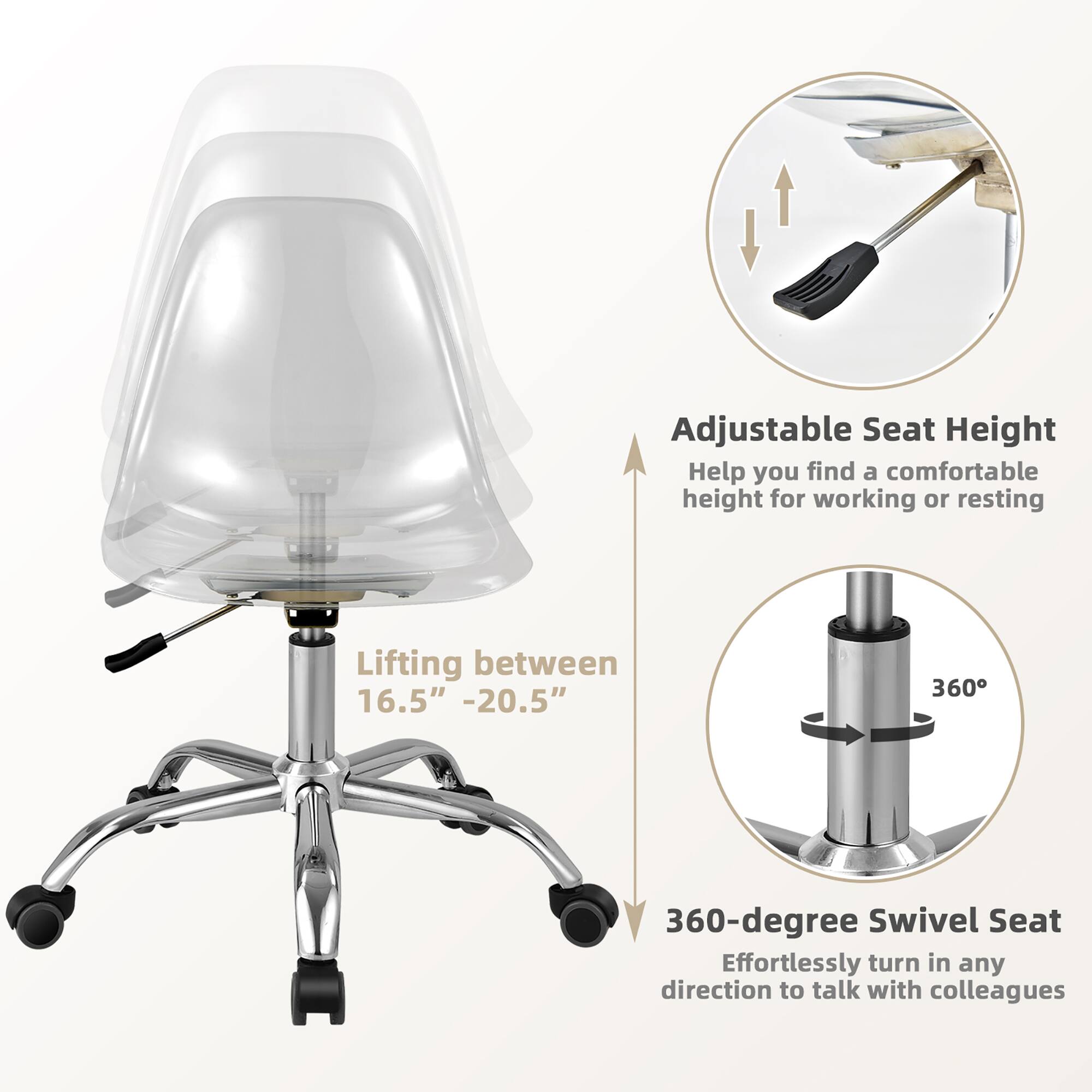 The image features a chair with an adjustable seat height, which helps users find a comfortable height for working or resting. The chair has a lifting range between 16.5" - 20.5" and a 360-degree swivel seat, allowing users to effortlessly turn in any direction to talk with colleagues.