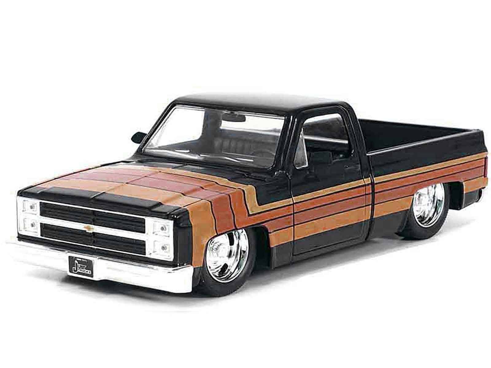 Alt View 1. Jada - 1985 Chevrolet C-10 Pickup Truck Black with Stripes and GM Rally Wheels "Just Trucks" Series 1/24 Model Car by Jada.