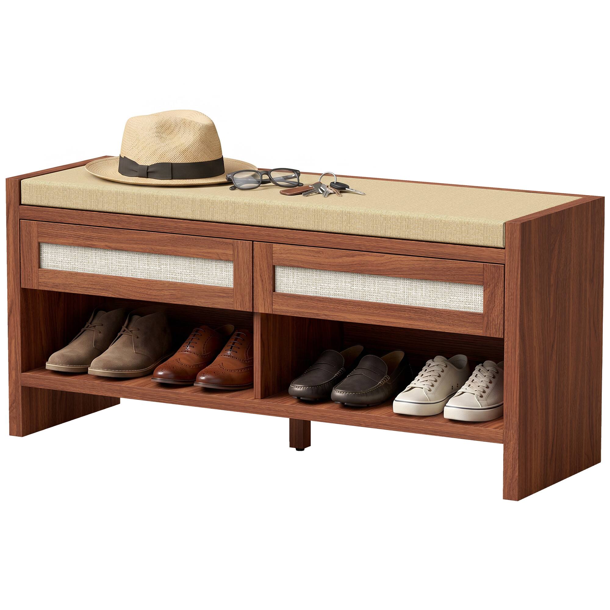 Front. Homcom - Bench with Cushioned Seat Shoe Storage Bench with 2 Rattan Drawers and Open Shelf - Brown.
