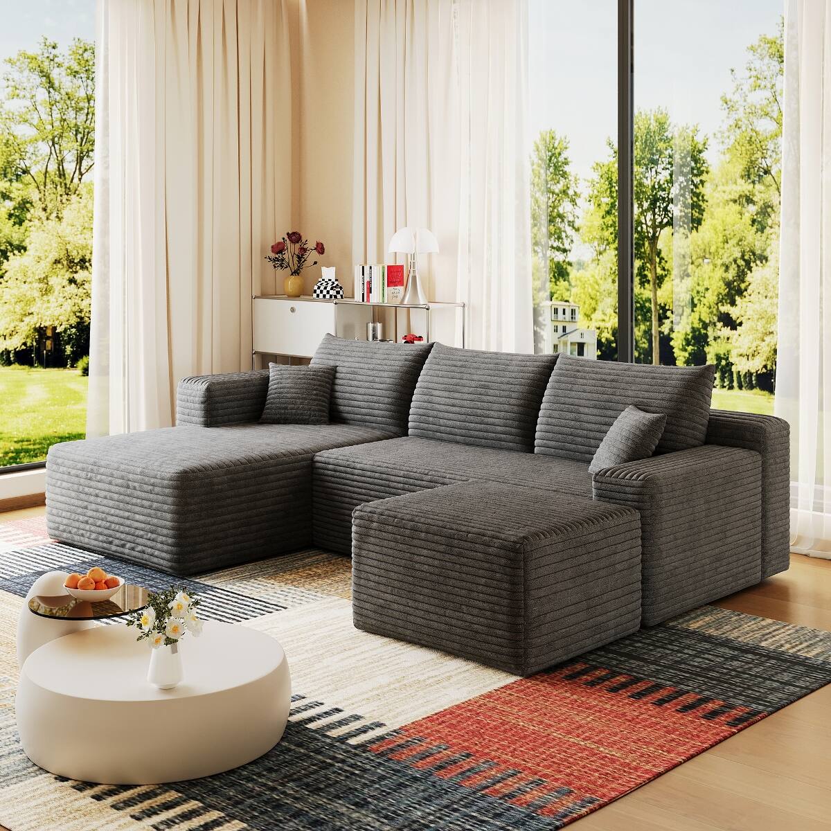 Alt View 1. Ropilly - Ropilly 95 Inch U Shaped Sectional Sofa with Ottoman, Modern Minimalist Dark Grey Corduroy Couch - Dark Grey.