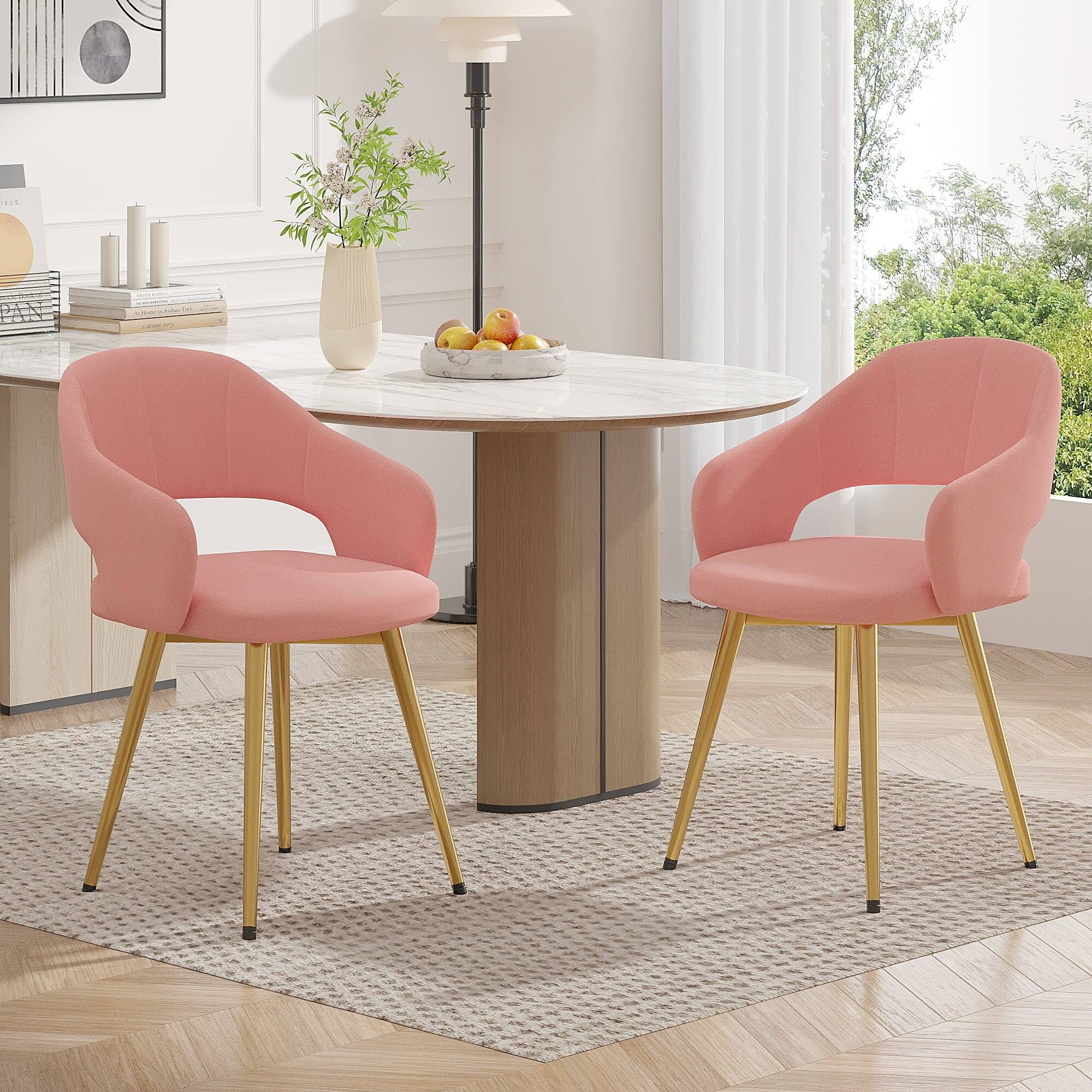 Front. Vecelo - Set of 2 Velvet Upholstered Dining Chairs, Dining Room Chairs with Metal Legs - Pink.