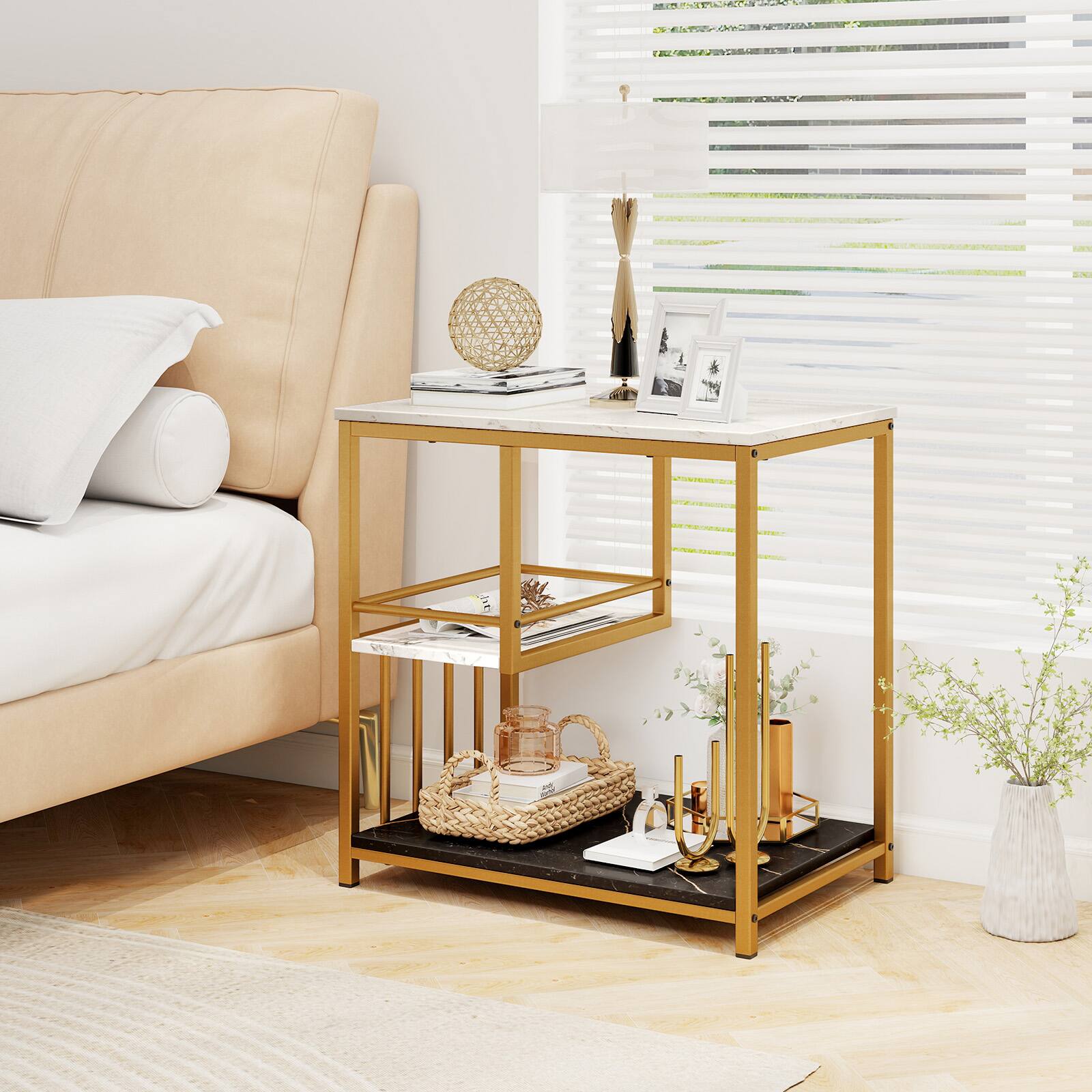 Alt View 8. Costway - Costway 3-Tier Sofa Side Table with Open Storage Shelf Modern Buffet for Living Room - White,Black,Gold.