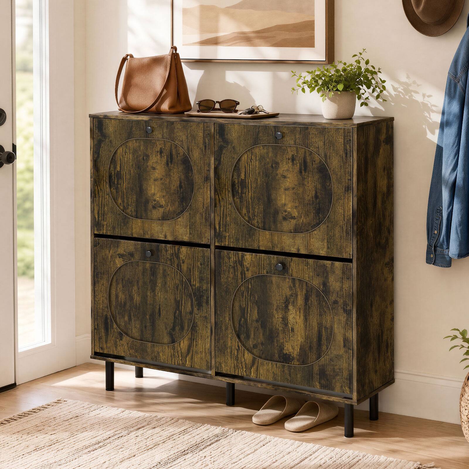 Alt View 1. Costway - Costway 9.5" Shoe Storage Cabinet with 4 Flip Drawers, Aluminum Legs for Foyer & Hallway - Rustic Brown.