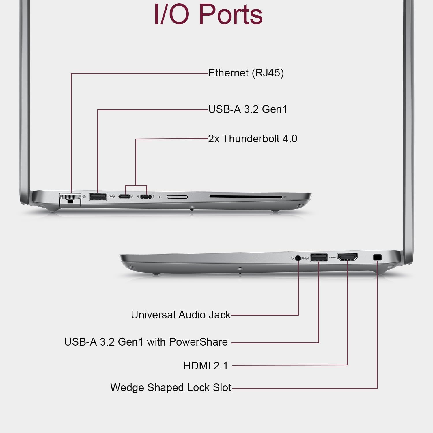 I/O Ports

- Ethernet (RJ45)
- USB-A 3.2 Gen1
- 2x Thunderbolt 4.0
- Universal Audio Jack
- USB-A 3.2 Gen1 with PowerShare
- HDMI 2.1
- Wedge Shaped Lock Slot