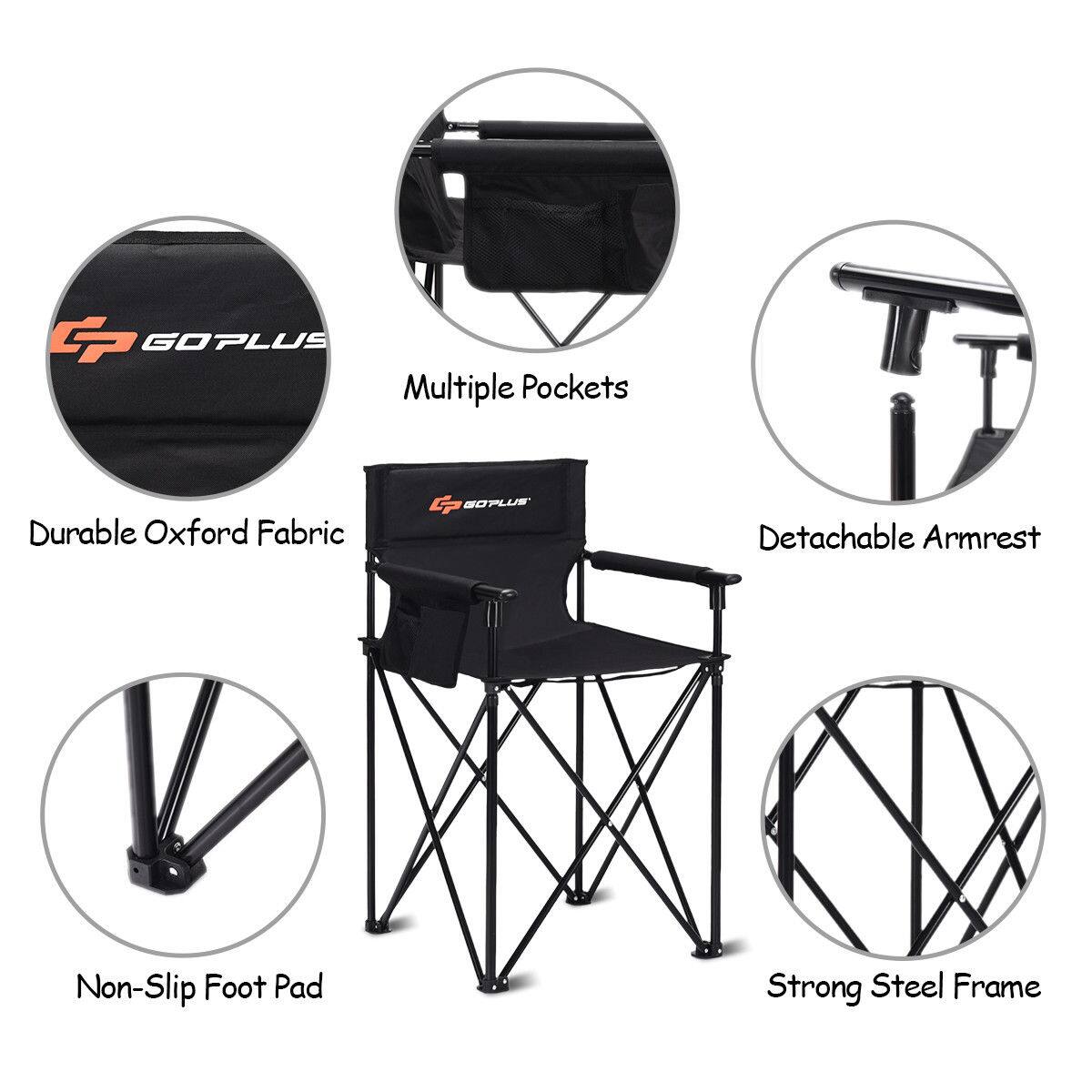 The image shows a chair with a detachable armrest and a non-slip foot pad. It is made of durable Oxford fabric and features multiple pockets for storage. The chair is designed by GOPLUS and has a strong steel frame.