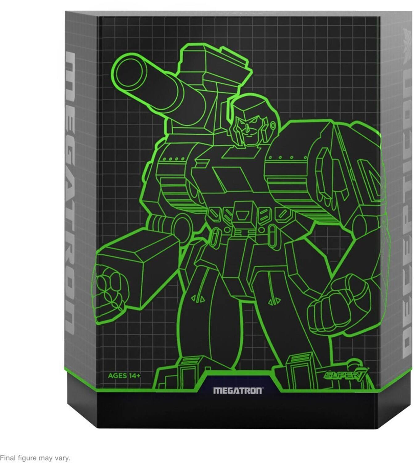 The text on the image is:

"DEGATRON Final figure may vary. AGES 14+ AD MEGATRON SUPER"

Corrected and grouped text:

"DEGATRON Final figure may vary. AGES 14+ AD MEGATRON SUPER"
