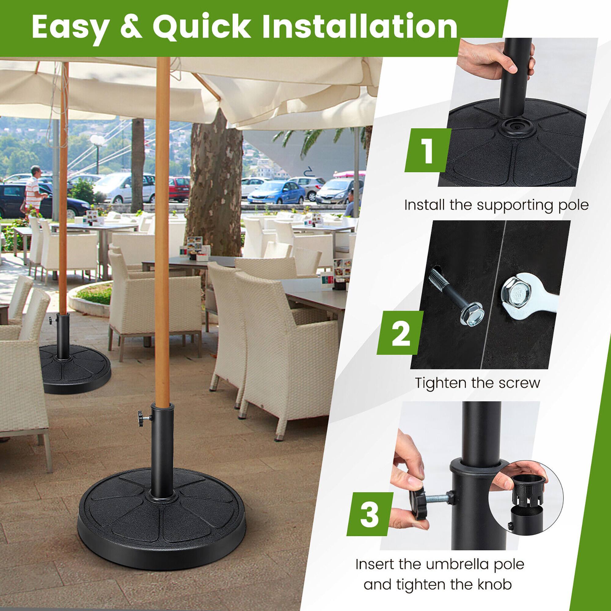 Easy & Quick Installation

1. Install the supporting pole
2. Tighten the screw
3. Insert the umbrella pole and tighten the knob
