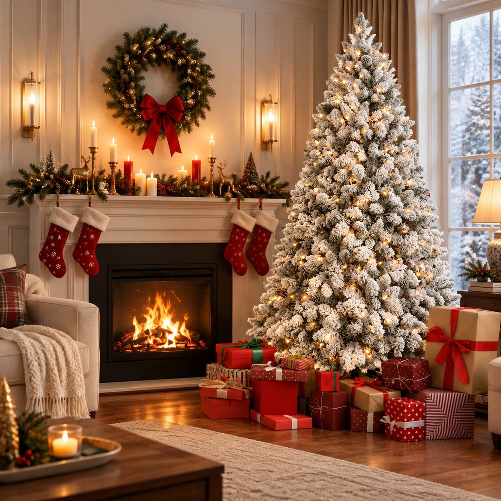 Left. RYHNUYNE - 9 Ft Flocked Snowy Artificial Christmas Tree With 850 Warm Lights, 63 Pine Cones 2240 Tips Metal Stand Decor - Green,White.