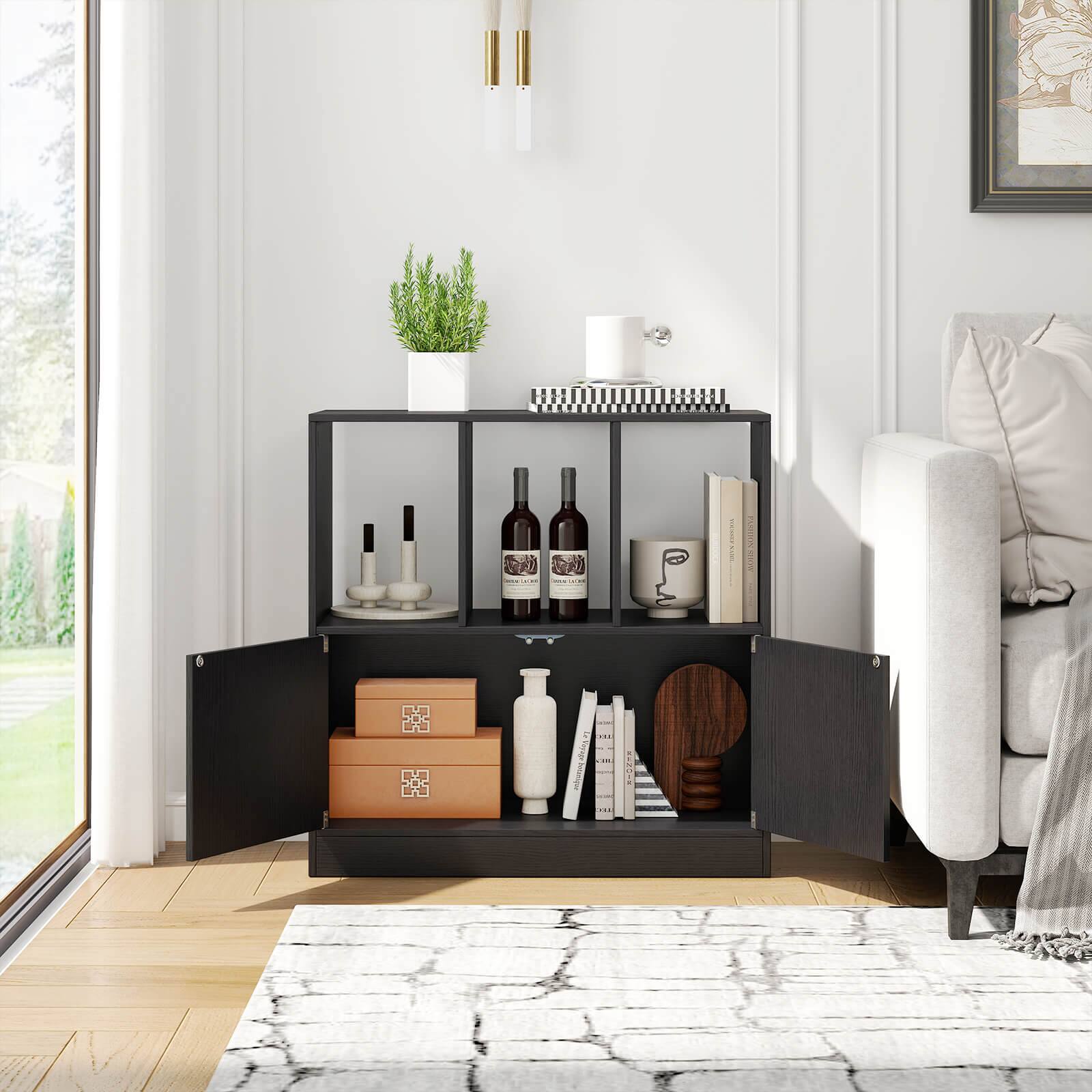 Alt View 3. Costway - Costway 2 PCS Bookshelf with Cabinet, 3-Cube Bookcase, 3-Tier Book Shelf for Living Room - Black.
