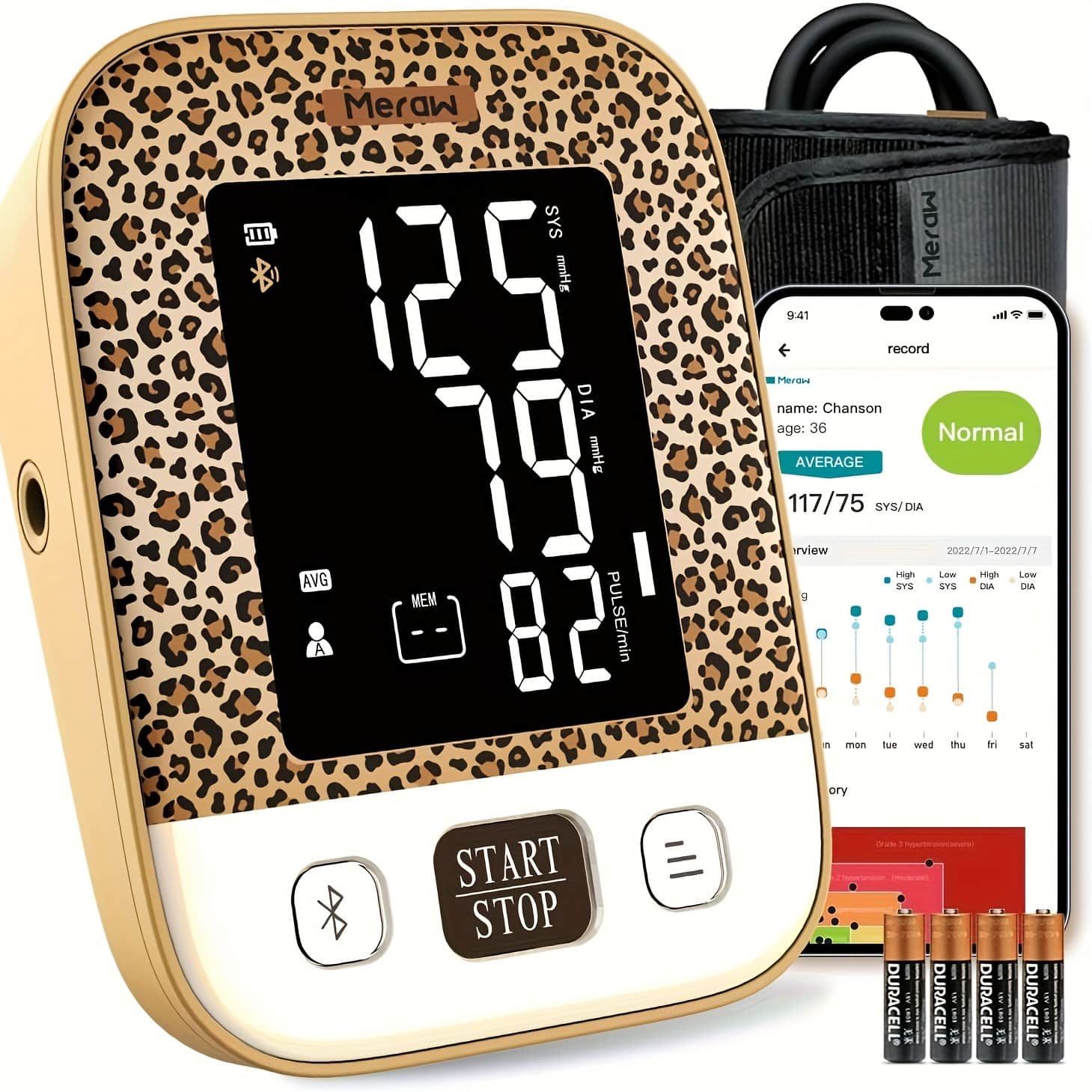 Meraw 10 SYS mmHg DIA AVG A MEM - Gma - mmHg PULSE/min START STOP
Meraw 9:41
Be. record
name: Chanson
age: 36
Normal
AVERAGE 117/75 SYS/ DIA
rvview 2022/7/1-2022/1/1
High Lew segh LEW SVS SVS DIA DIA S T - . mon tue wed thu in sat ory
DURACELL : DURACELL : DURACELL : DURACELL :