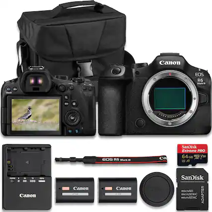 Canon EOS R6 Mark III
SanDisk Extreme PRO 64 GB V30 A1
Canon LP-E6P
Canon EP-E6P
SanDisk microSD microSDHC microSDXC ADAPTER