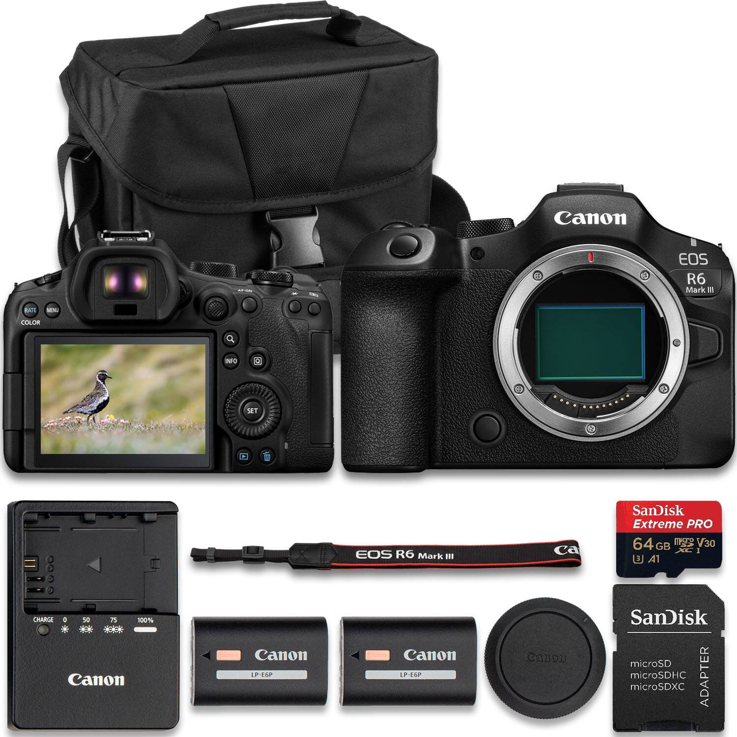 Canon EOS R6 Mark III  
SanDisk Extreme PRO 64 GB V30 A1  
Canon LP-E6P  
Canon EP-E6P  
SanDisk microSD microSDHC microSDXC ADAPTER