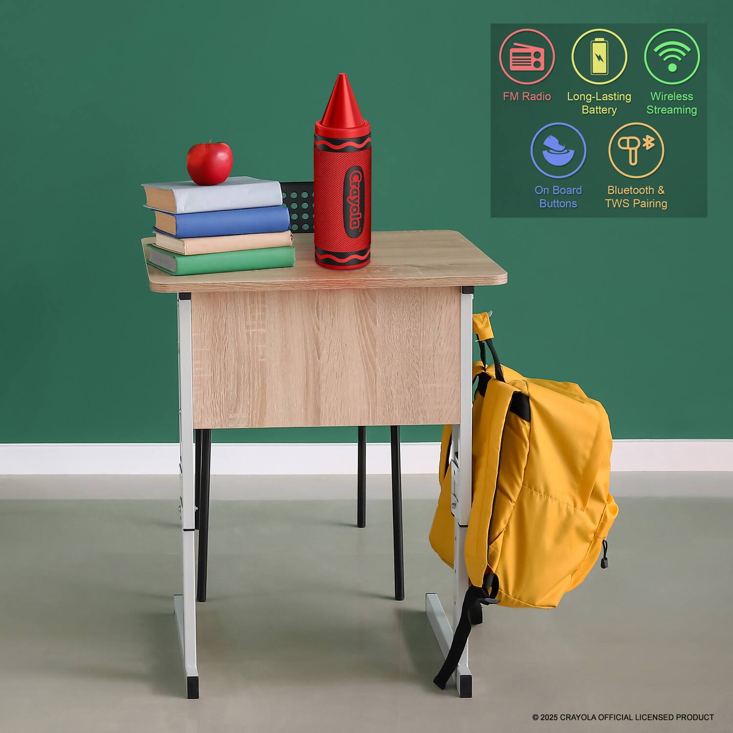 FM Radio  
Long-Lasting Battery  
Wireless Streaming  
On Board Buttons  
Bluetooth & TWS Pairing  

© 2025 CRAYOLA OFFICIAL LICENSED PRODUCT