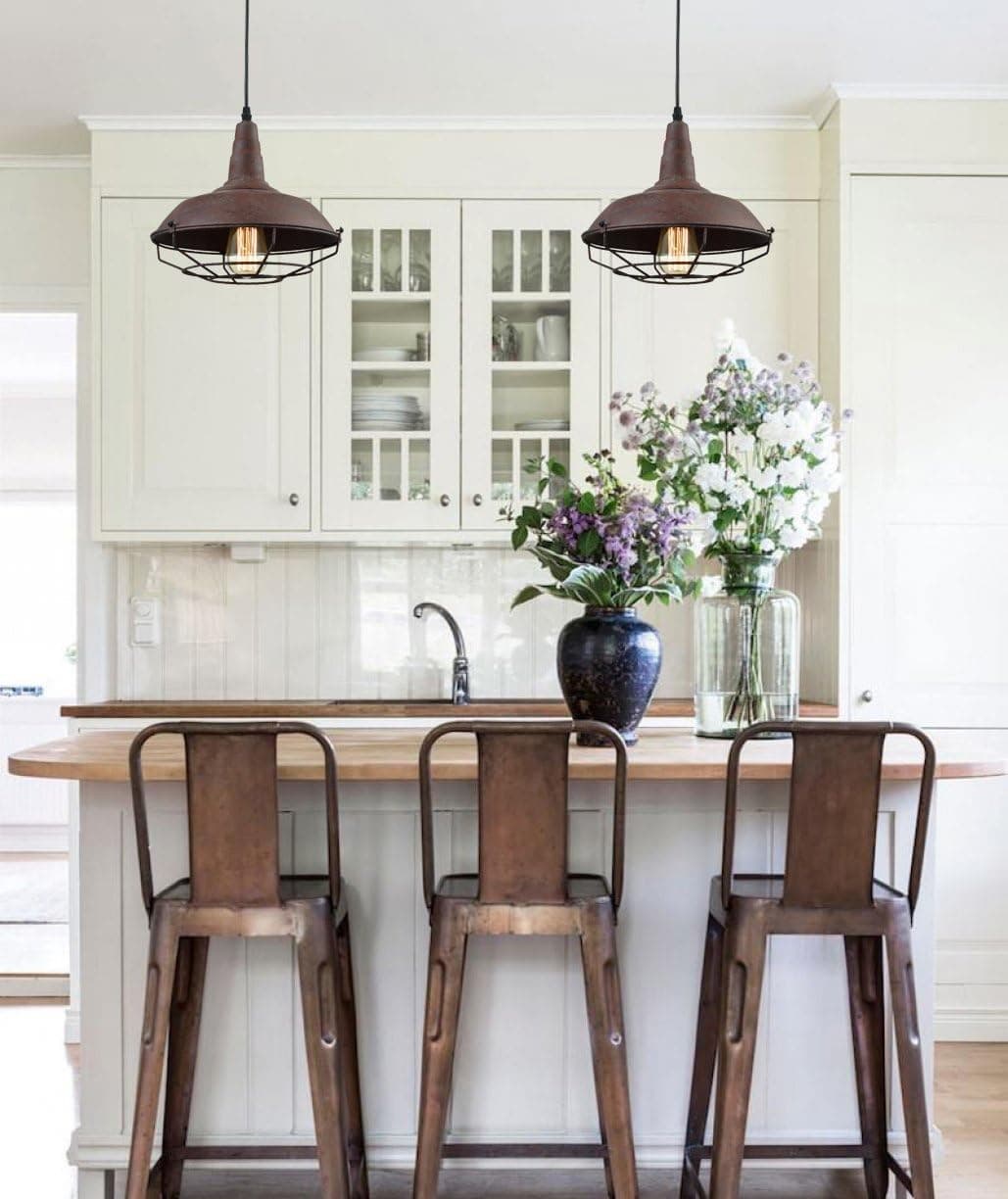 Alt View 2. FINEAK - Barn Style Rust Finish Caged Pendant Lights - Industrial Metal Wire Hanging Fixtures.