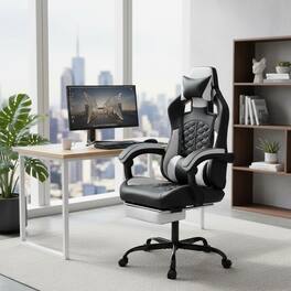 Forest'nSky - Massage Gaming Chair with Footrest, Ergonomic PC Chair with Headrest and Lumbar Support - Black White