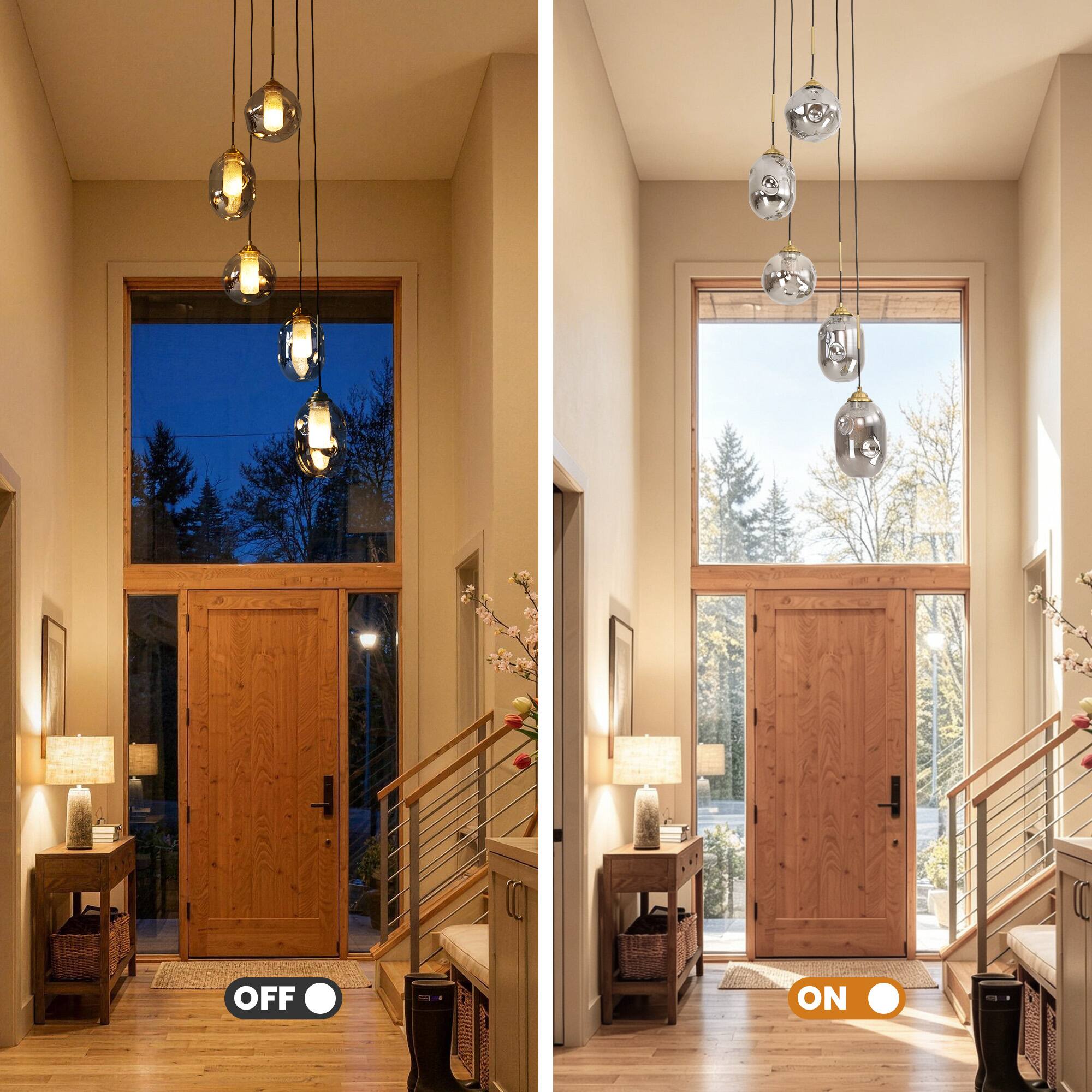 Alt View 7. Siljoy - 5 Light Staircase Pendant Light Sand Black Antique Brass Smoked Gray Glass Shades Adjustable Height for Entryway Foyer - Black.