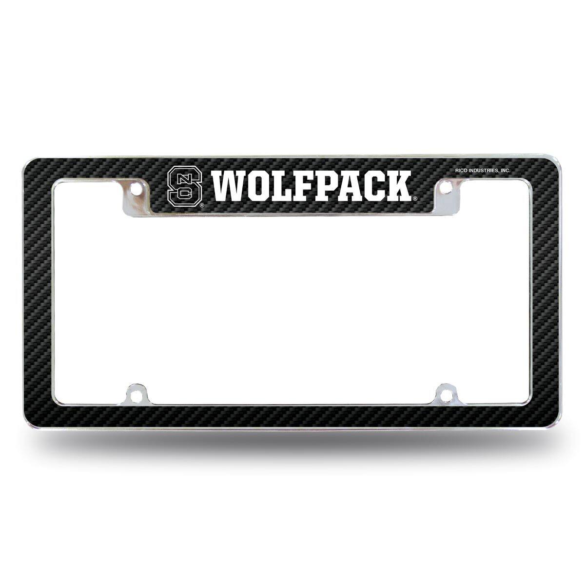 NC State Wolfpack Chrome Metal License Plate Frame with Carbon Fiber Design