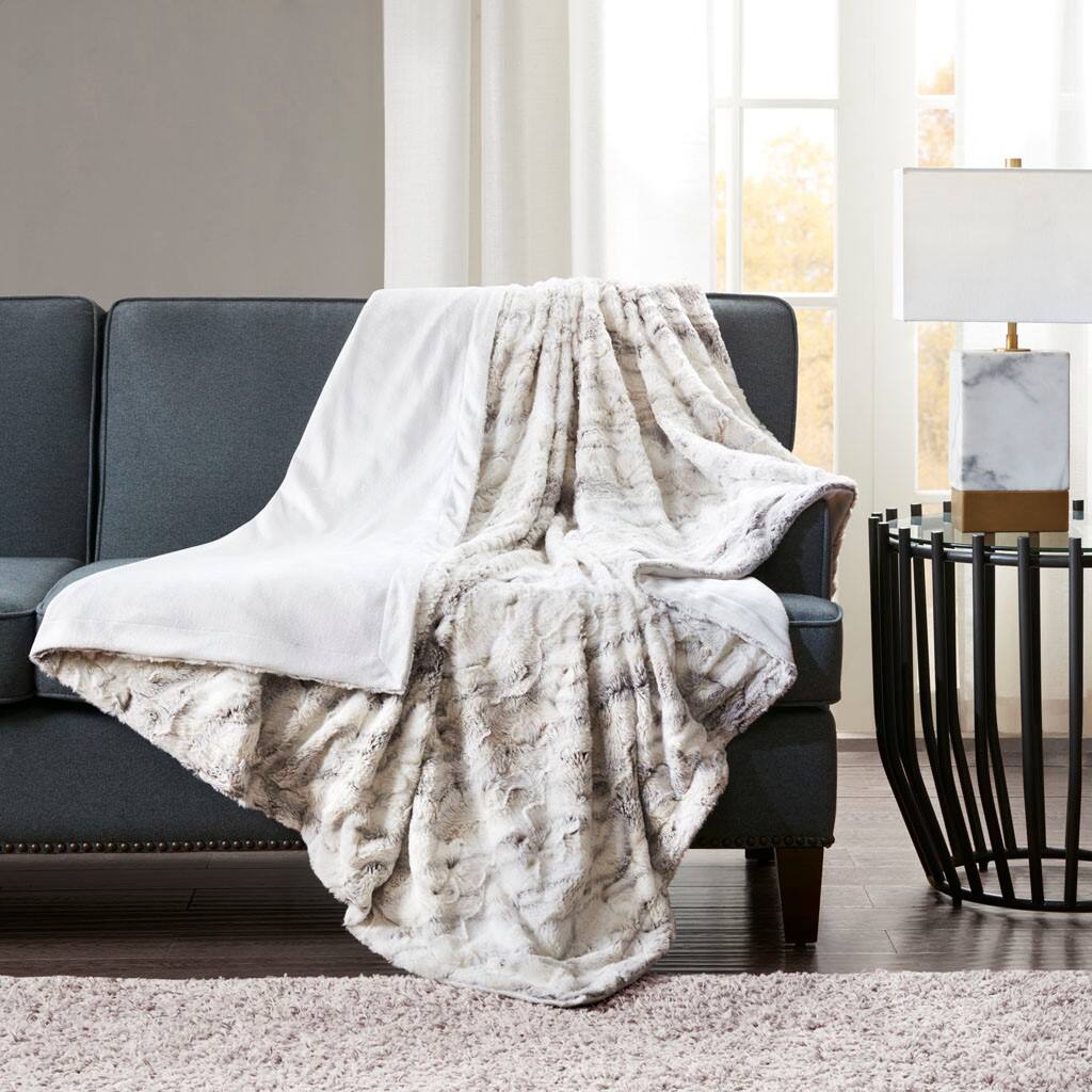 Alt View 1. Gracie Mills - Gracie Mills Porfirio Oversized Marble Print Faux Fur Throw Blanket - Natural.