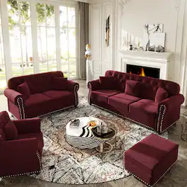 Ropilly - Burgundy Velvet Loveseat with Ottoman, Chesterfield Tufted Sofa, Nailhead Rolled Arms, 63 Inch - Burgundy