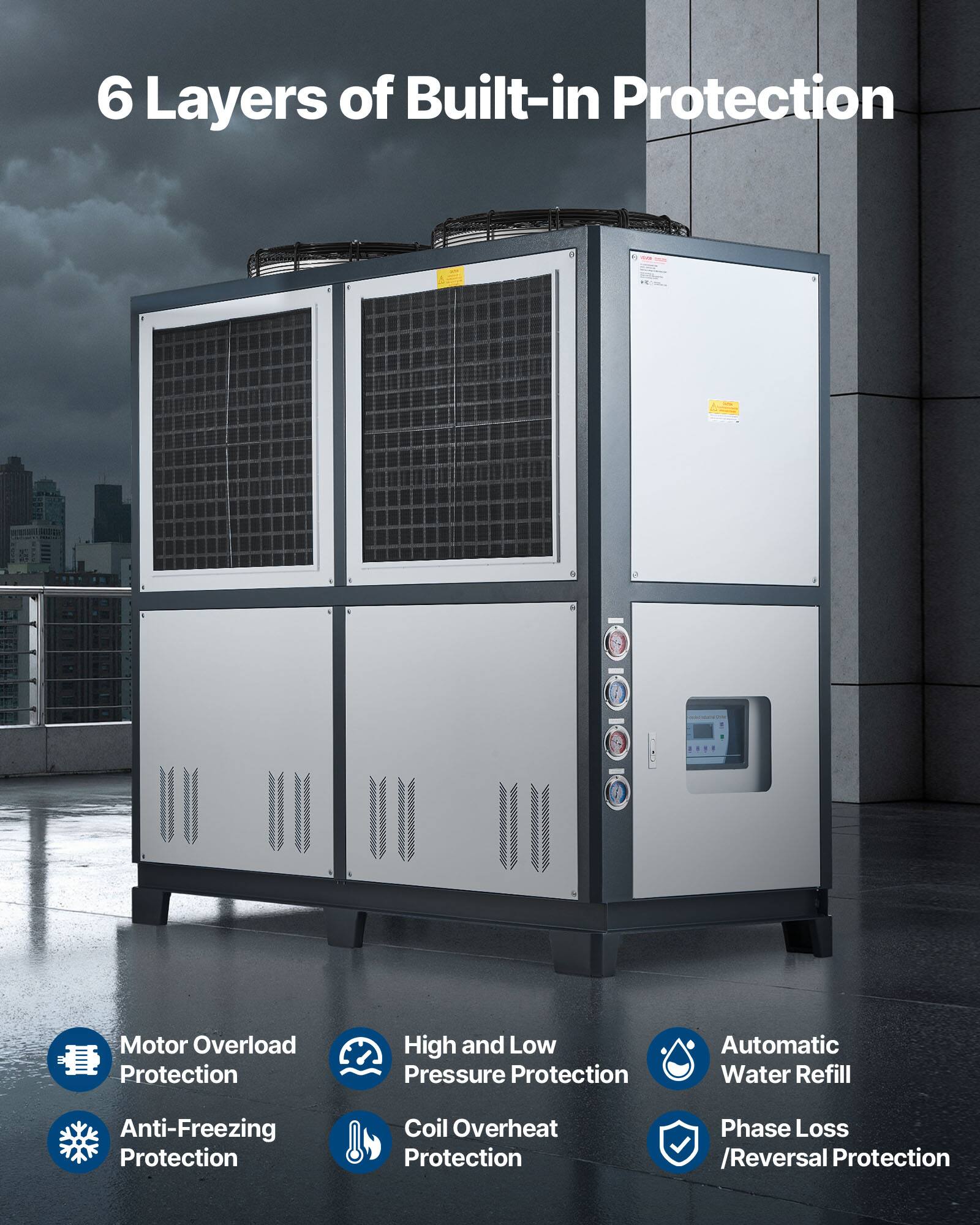 6 Layers of Built-in Protection

- Motor Overload Protection
- High and Low Pressure Protection
- Automatic Water Refill
- Anti-Freezing Protection
- Coil Overheat Protection
- Phase Loss / Reversal Protection