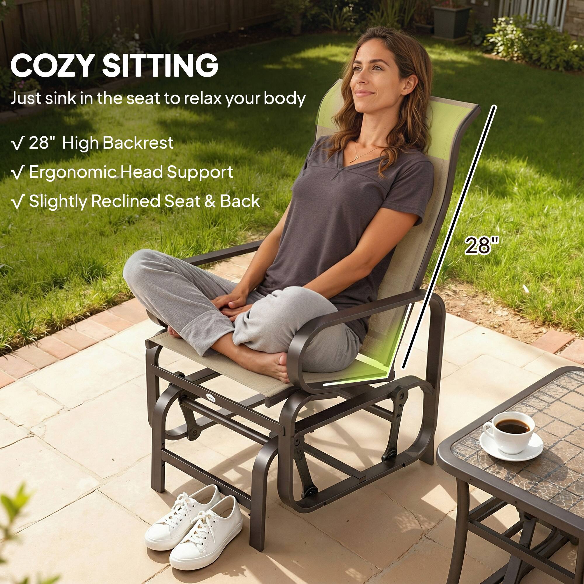 COZY SITTING  
Just sink in the seat to relax your body  
✓ 28" High Backrest  
✓ Ergonomic Head Support  
✓ Slightly Reclined Seat & Back