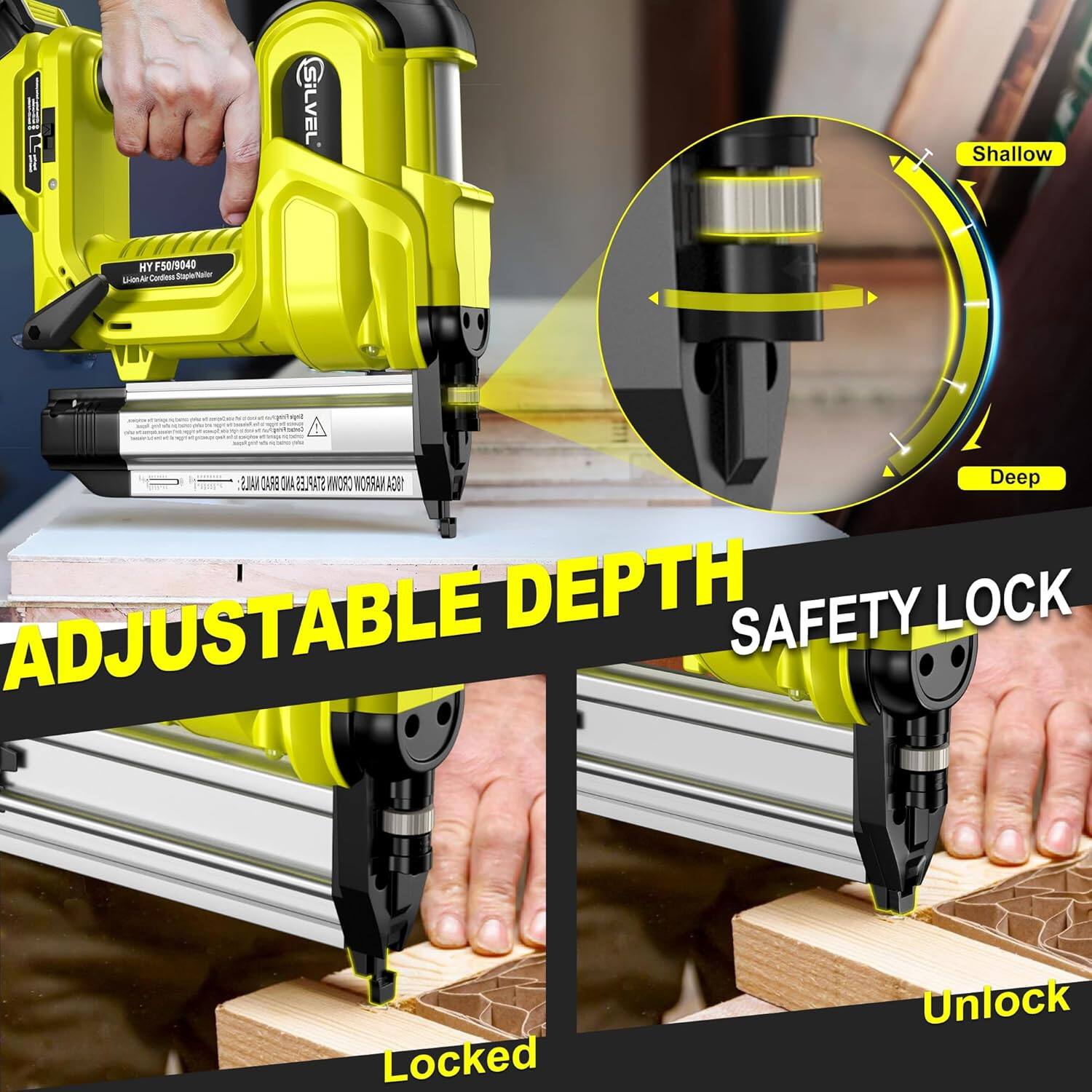 GILVEL Shallow HY F50/9040 nothing_to_cre Condese nohino_cre a EA DARE DIA STAPLES ANORO WORRAN 18G4 Deep DEPTH SAFETY LOCK ADJUSTABLE Locked Unlock