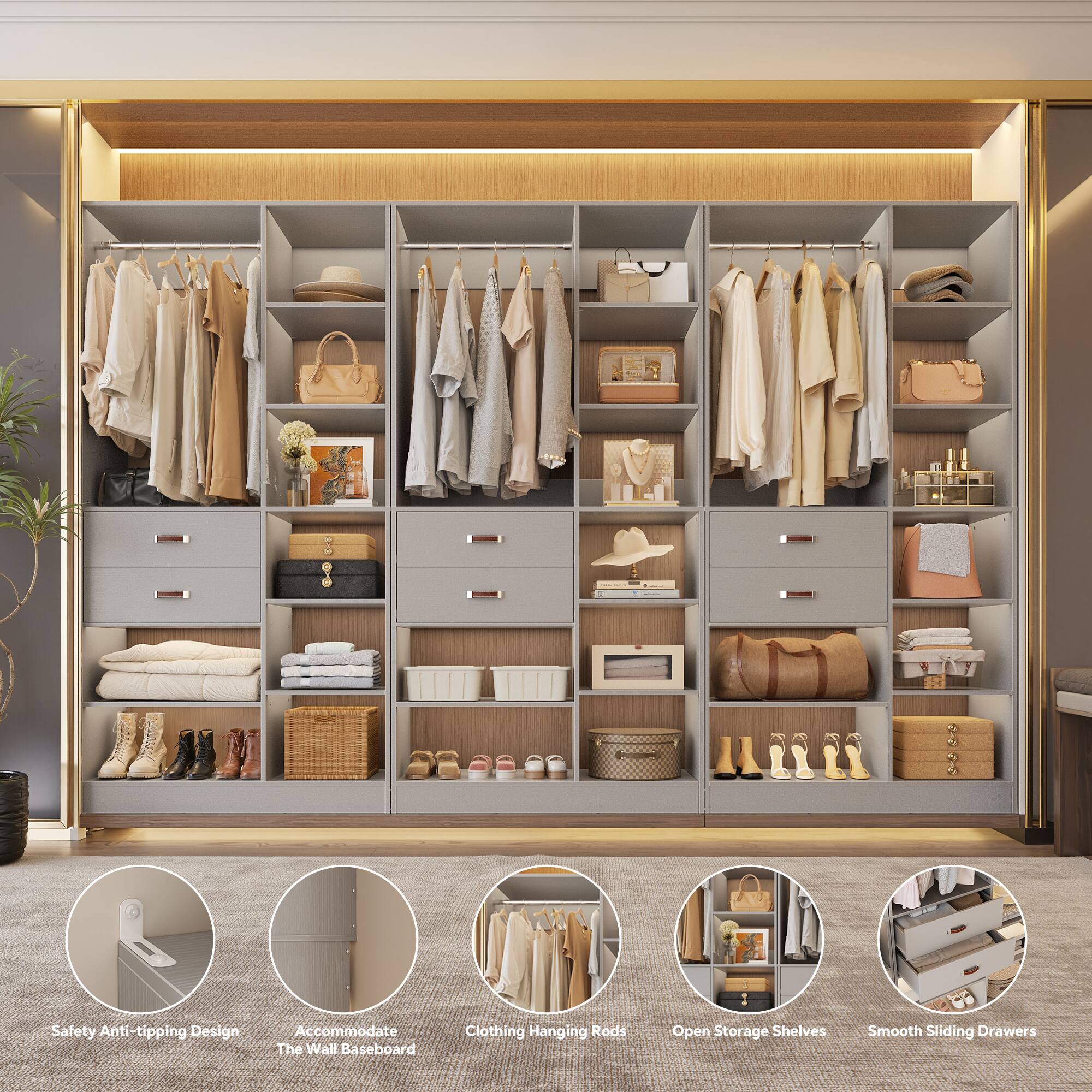 Safety Anti-tipping Design  
Accommodate The Wall Baseboard  
Clothing Hanging Rods  
Open Storage Shelves  
Smooth Sliding Drawers