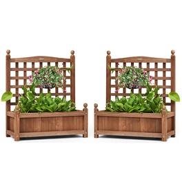 Costway - 2 PCS Solid Wood Planter Box with Trellis Weather-Resistant 25"x11"x30" - Dark brown