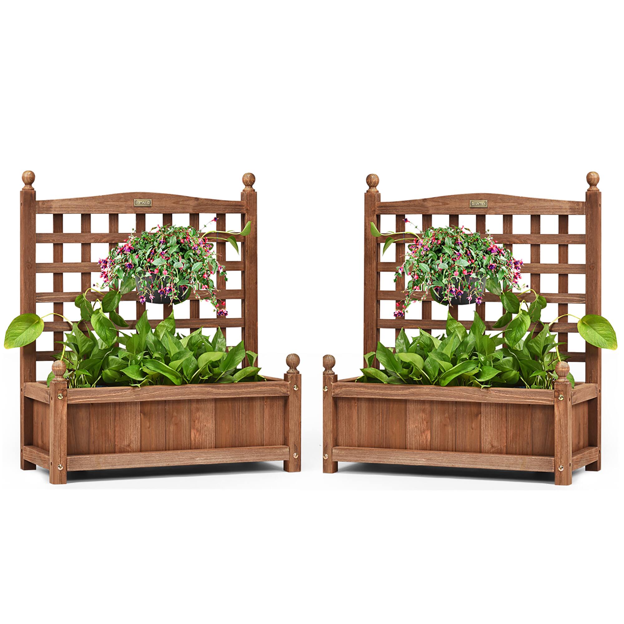 Front. Costway - 2 PCS Solid Wood Planter Box with Trellis Weather-Resistant 25"x11"x30" - Dark brown.