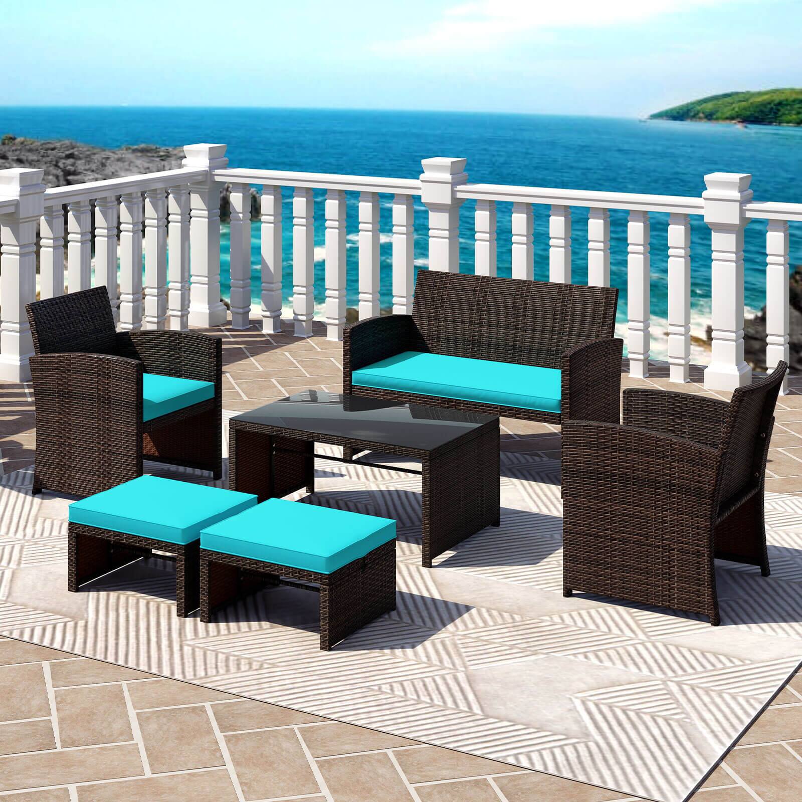 Gymax - 6 PCS Patio Furniture Set w/ 1 Loveseat 1 Coffee Table 2 Armchairs 2 Ottomans Turquoise - Mix Brown, Turquoise