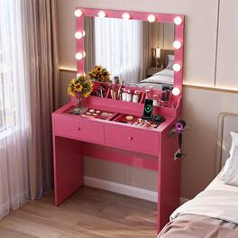 Winado - All-in-One Vanity Desk Glass Visual Desktop with Mirror & 3 Colors Lights & USB Ports Dressing Table - Bright Pink