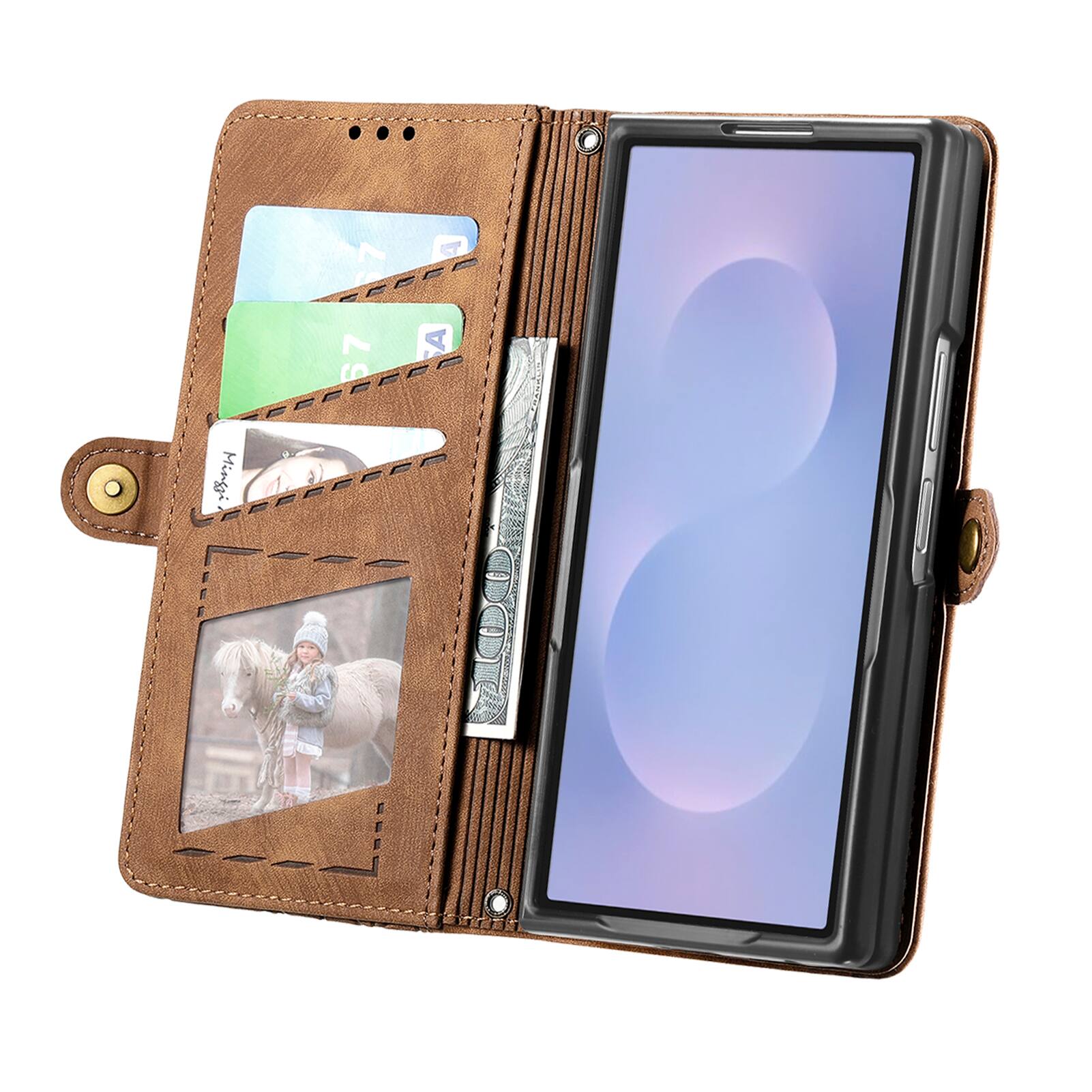 Alt View 1. Dteck - Zipper Wallet Card Pocket Cover For Samsung Galaxy Z Fold 8 Ultra, Shockproof PU Leather Rugged Case - Brown.