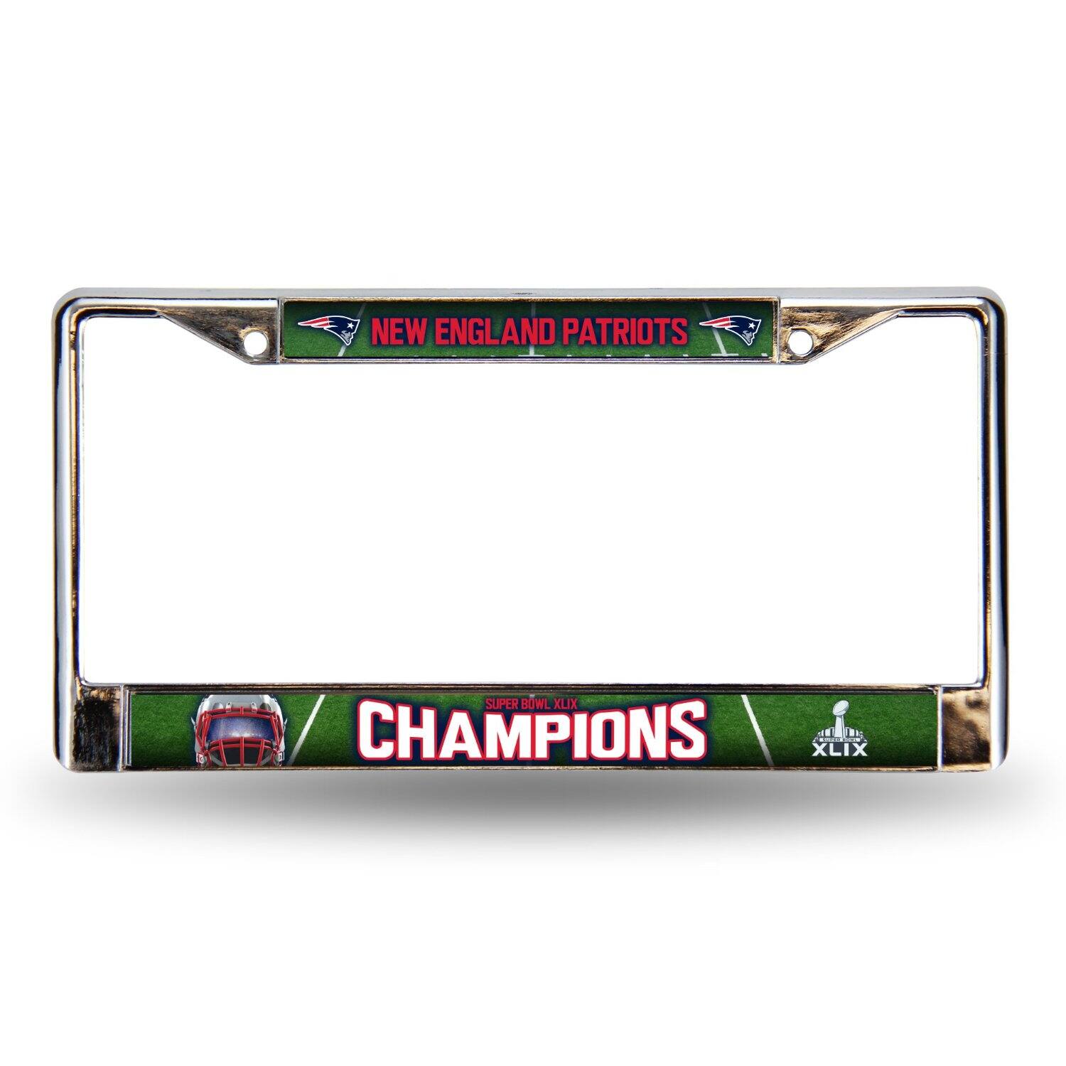New England Football Patriots Super Bowl XLIX Champs - 12" x 6" Standard Size - Chrome Metal License Plate Frame
