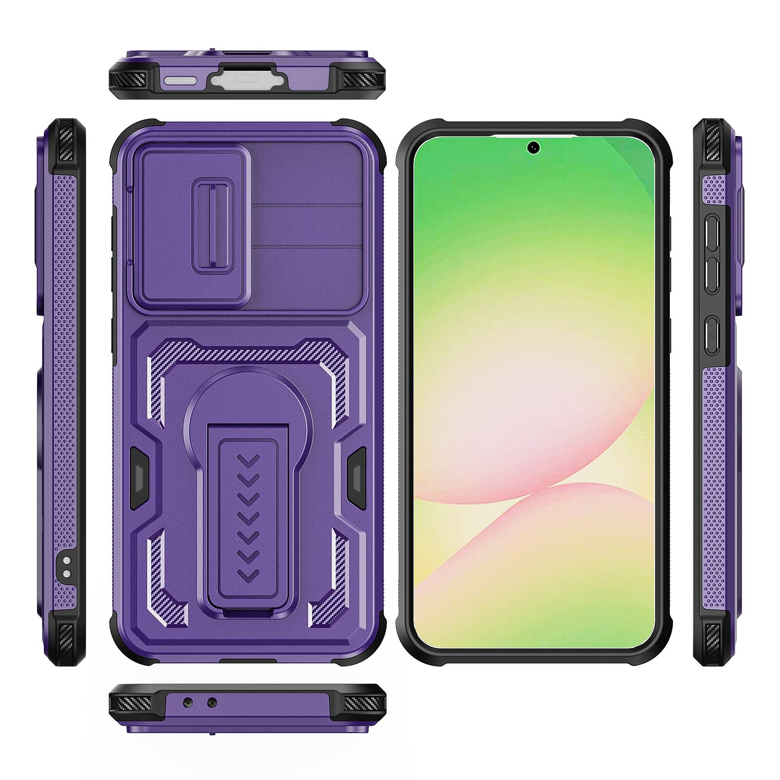 Alt View 4. Dteck - Rugged Stand Case for Samsung Galaxy A37 5G/A56 5G/A36 5G,Shockproof Heavy Duty Cover+Sliding Lens Cover+Tempered Glass - Purple.
