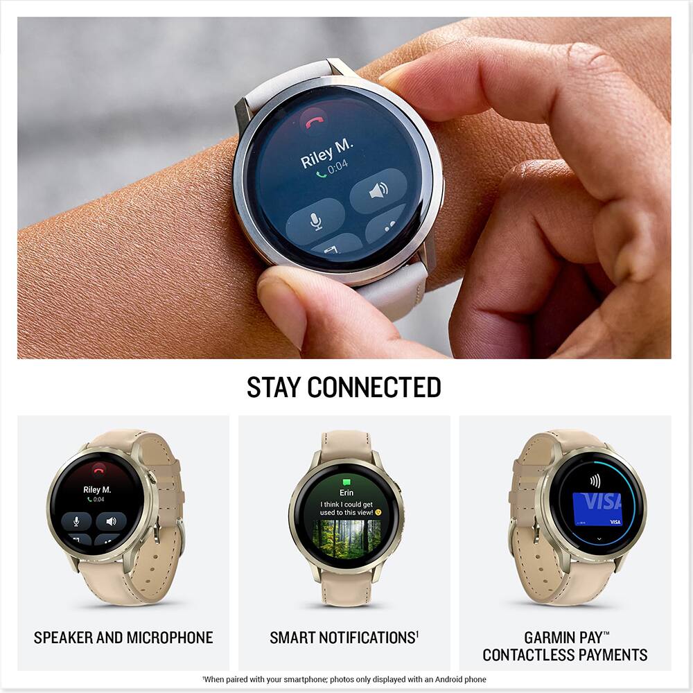 M. Riley 0:04  
STAY CONNECTED  
Riley M. L 004  
Erin  
I think I could get used to this view!  

- VISA  
- SPEAKER AND MICROPHONE  
- SMART NOTIFICATIONS  
- GARMIN PAY™  
- CONTACTLESS PAYMENTS  

"When paired with your smartphone, photos only displayed with an Android phone"