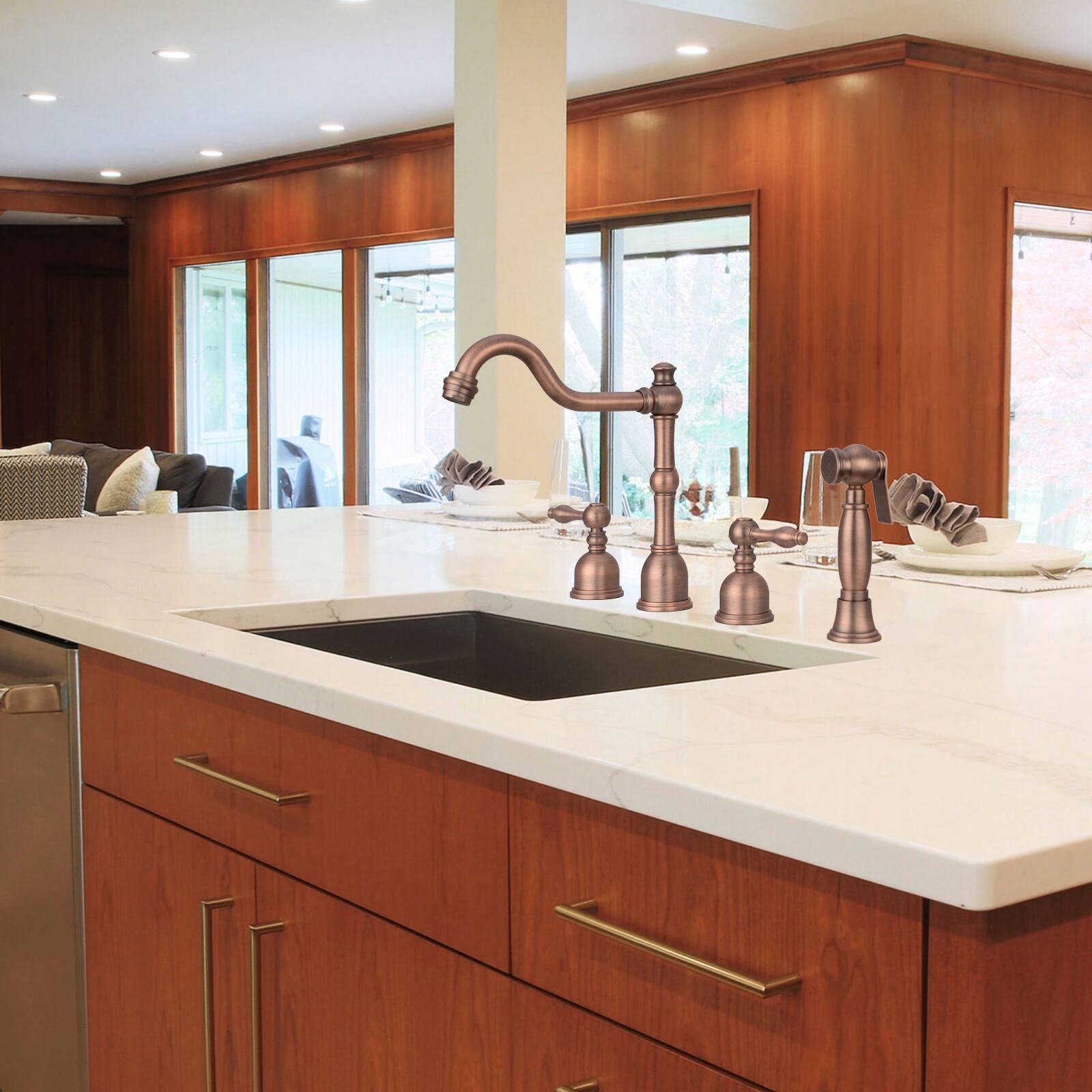 Alt View 5. Akicon - Akicon Solid Brass Two-Handles 360° Swivel Widespread Kitchen Faucet with Side Sprayer in Antique Brass - Antique Brass.