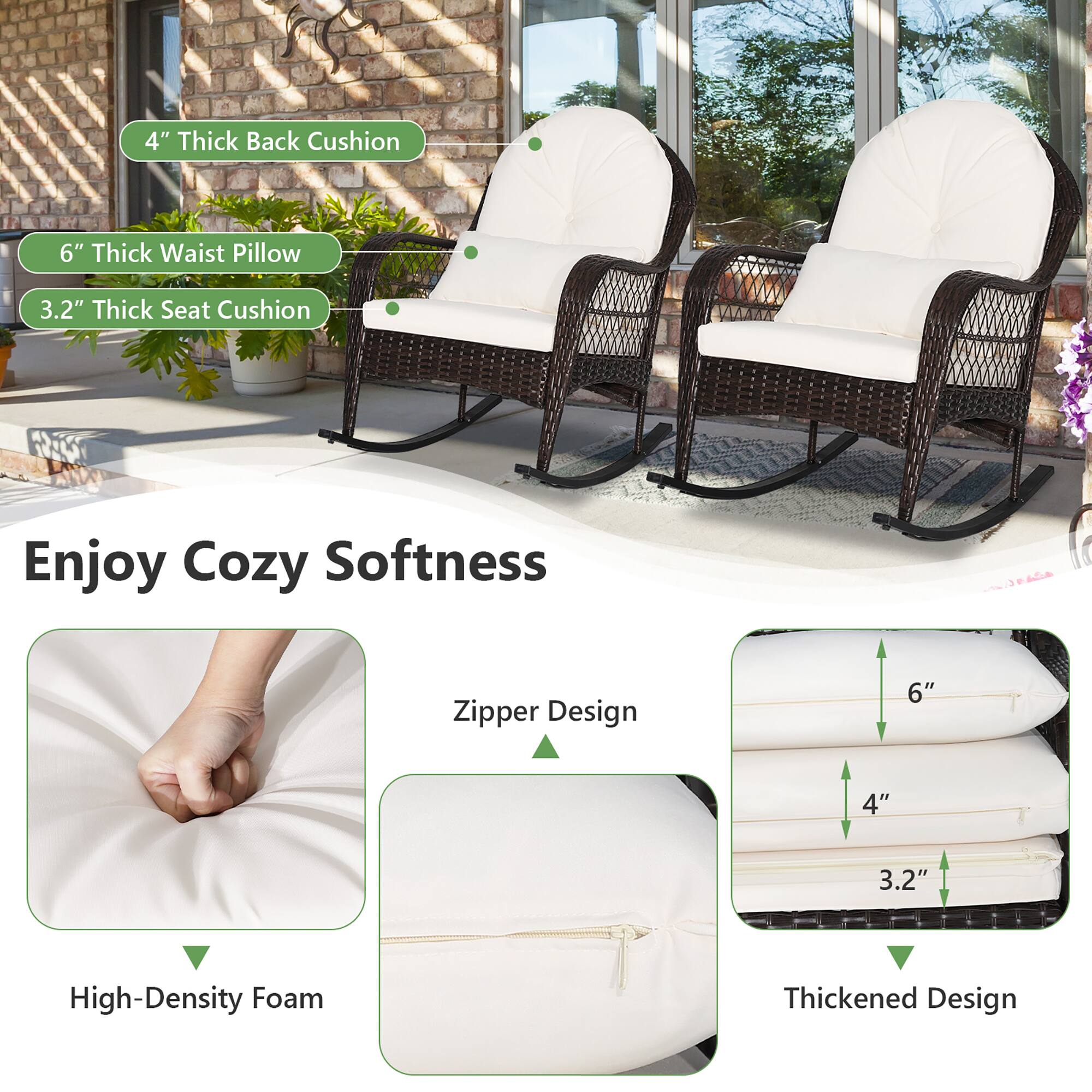 Enjoy Cozy Softness, 4" Thick Back Cushion, 6" Thick Waist Pillow, 3.2" Thick Seat Cushion, High-Density Foam, Zipper Design, Thickened Design