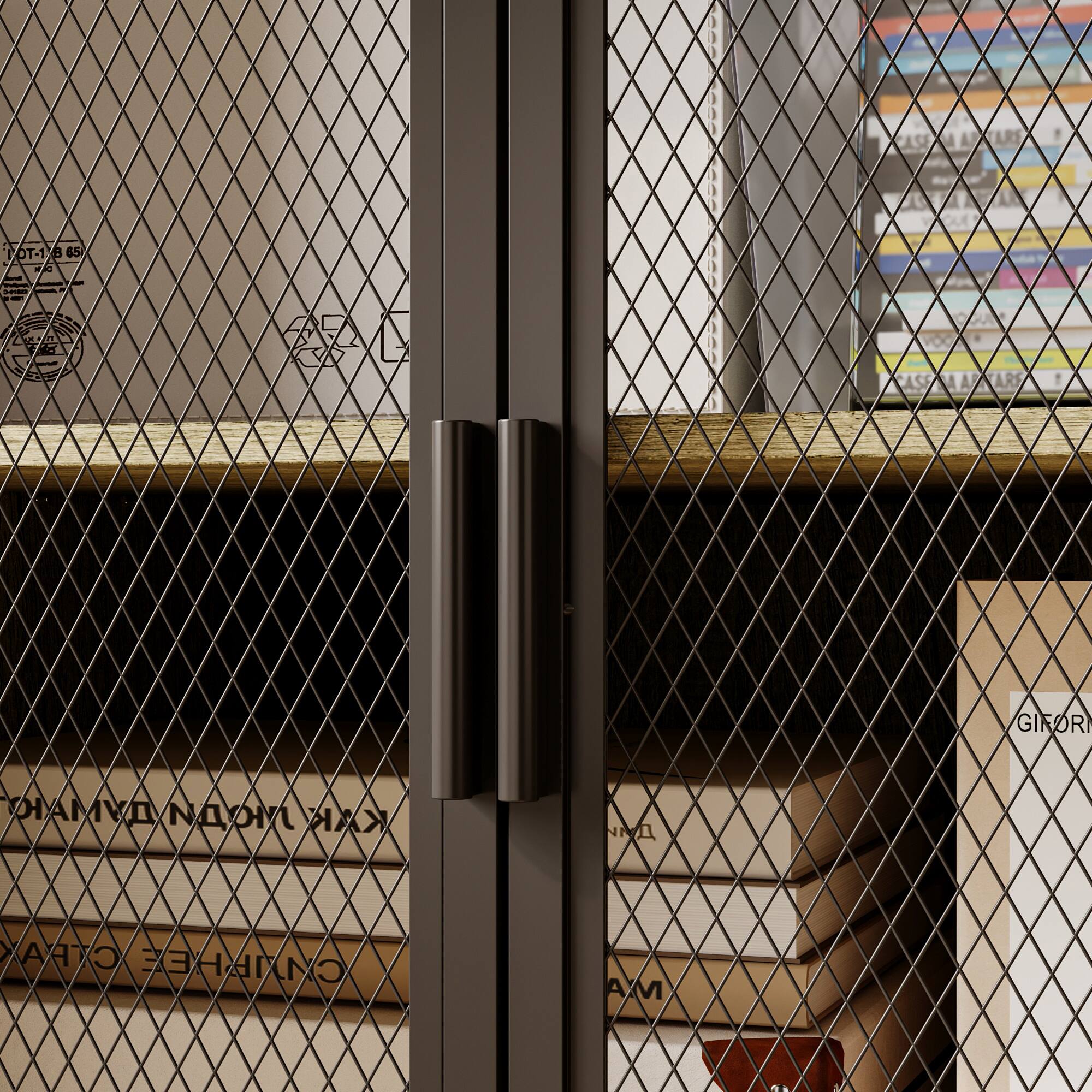 I cannot group or correct the text as it does not appear to be related to the image. The image shows a door with a mesh design, and there are books and a box behind it. The text does not seem to be related to the content of the image.