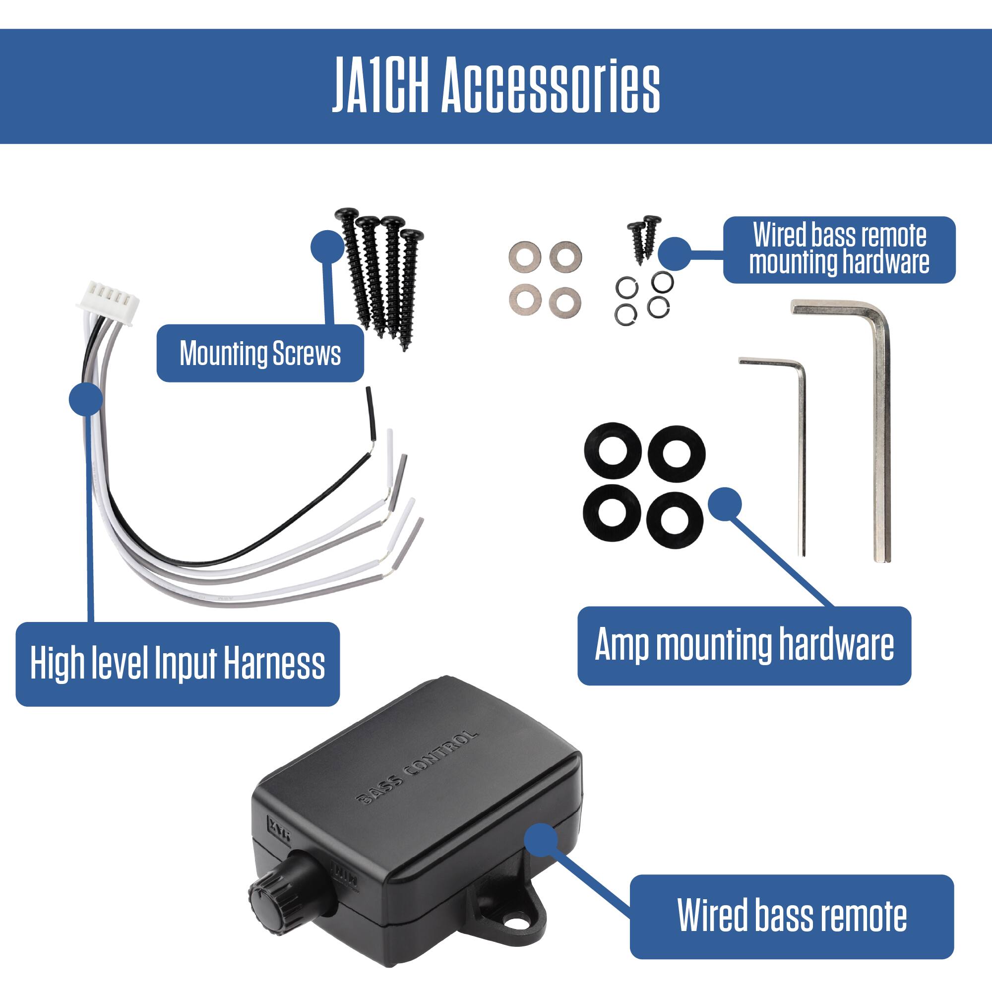 JA1CH Accessories

Mounting Screws

Wired bass remote mounting hardware

High level Input Harness BASS CONTROL

Amp mounting hardware

Wired bass remote